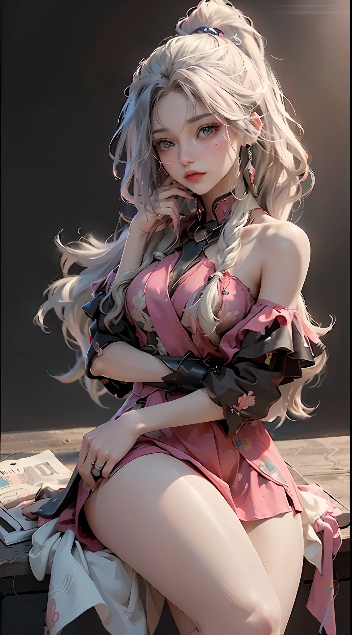 ((best qualit)), ((Jeizuo)), (detail:1.4), 3D, A beautiful cyberpunk female image,HDR（High dynamic range）,raytracing,NVIDIA RTX,Super-Resolution,Unreal 5,Subsurface scattering、PBR Texturing、post processing、Anisotropic filtration、depth offield、Maximum clarity and clarity、Multi-Layered Textures、Albedo And Specular Maps、Surface Shading、Accurate simulation of light-material interactions、Perfect Scale、Octane Render、Two-color light、Large aperture、Low ISO、White balance、rule of thirds、8K RAW、lifelike，（Fluff is dignified，Perfect proportions，Bright eyes，lightly made up，Big black eyes，Pink and moist lips），White hair，Big black eyes，refrigeratory，Sharp eyes，fresh flowers，（Jeizuo，lifelike，high res），（（1 teenage girl）：1.2），（（Long white wavy hair）：1.3），（Business suits，Office documentation，Sit at the desk，Playing with your phone），（（small breast）：1.5，tiny waist：1.2，Strangle thighs：1.3，Fair and moisturized skin）