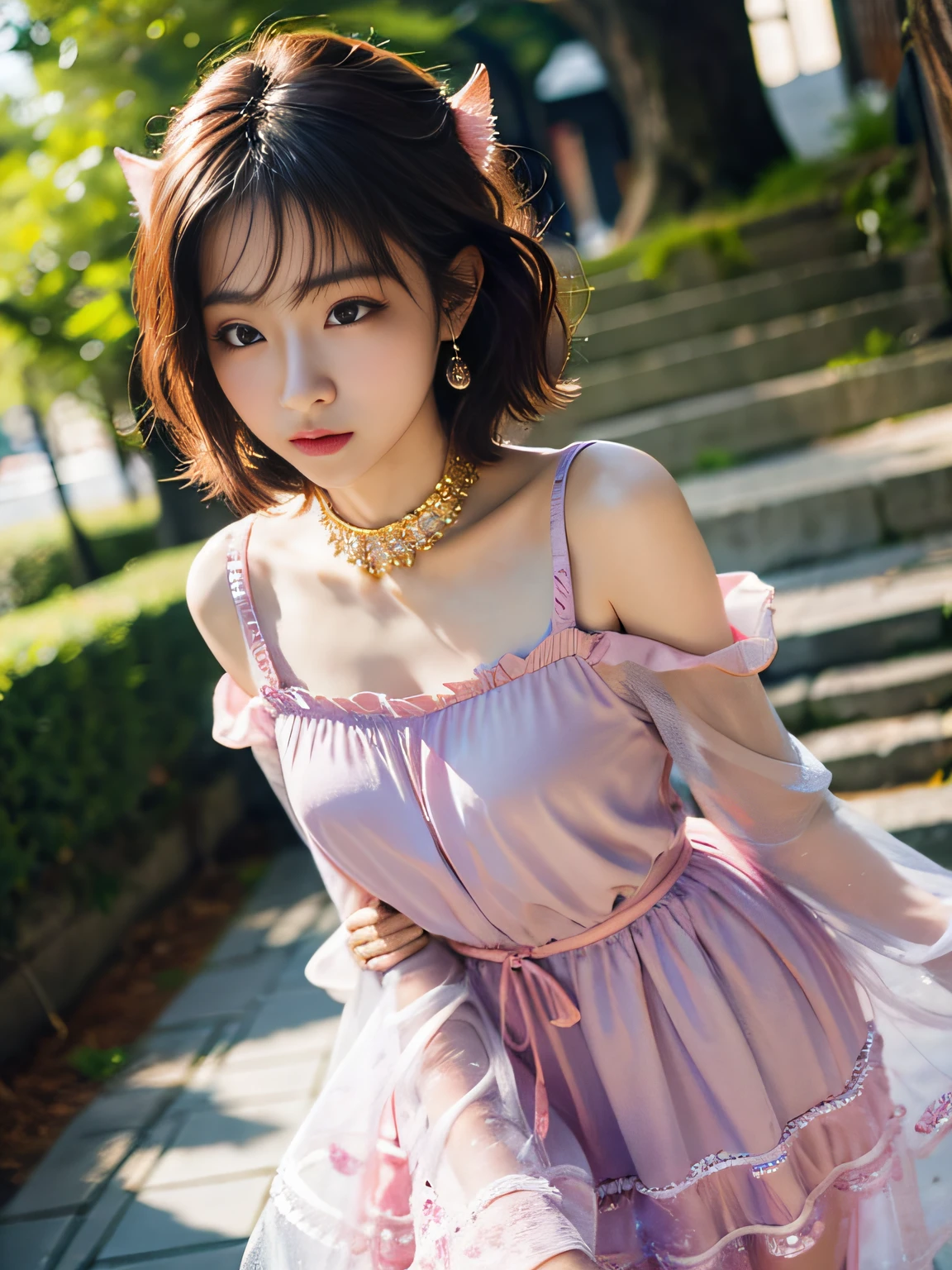 hkgirl, sun dress, short hair,  Random posture, (An extremely delicate and beautiful work), (masterpiece), 1girl, a girl in a pink dress, highly detailed, waist leaking, charming expression, beautiful and clear eyes, green eye pupil, delicate necklace, delicate earrings, fairy ears, simple blurred background, extreme detail description, beautiful, charming,  (ulzzang-6500-v1.1:0.5) , (pureerosface_v1:0.5)