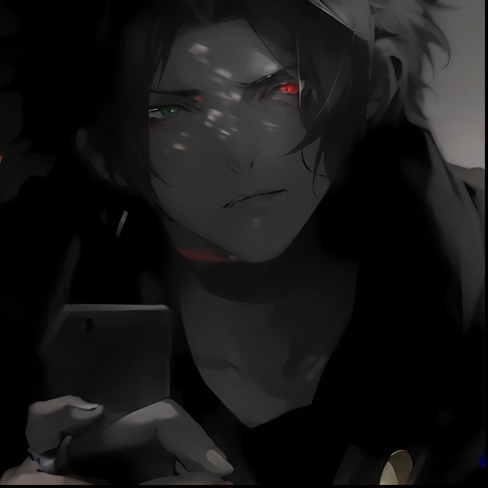 yamada ichiro\(hypnosis mic\), 1boy, solo, looking at viewer, the dirty dawg, , (short hair:1.2), red eyes, bangs, black hair, hair between eyes, heterochromia, green eyes, mole under eye, red hoodie, red hood, stud earrings, close-up