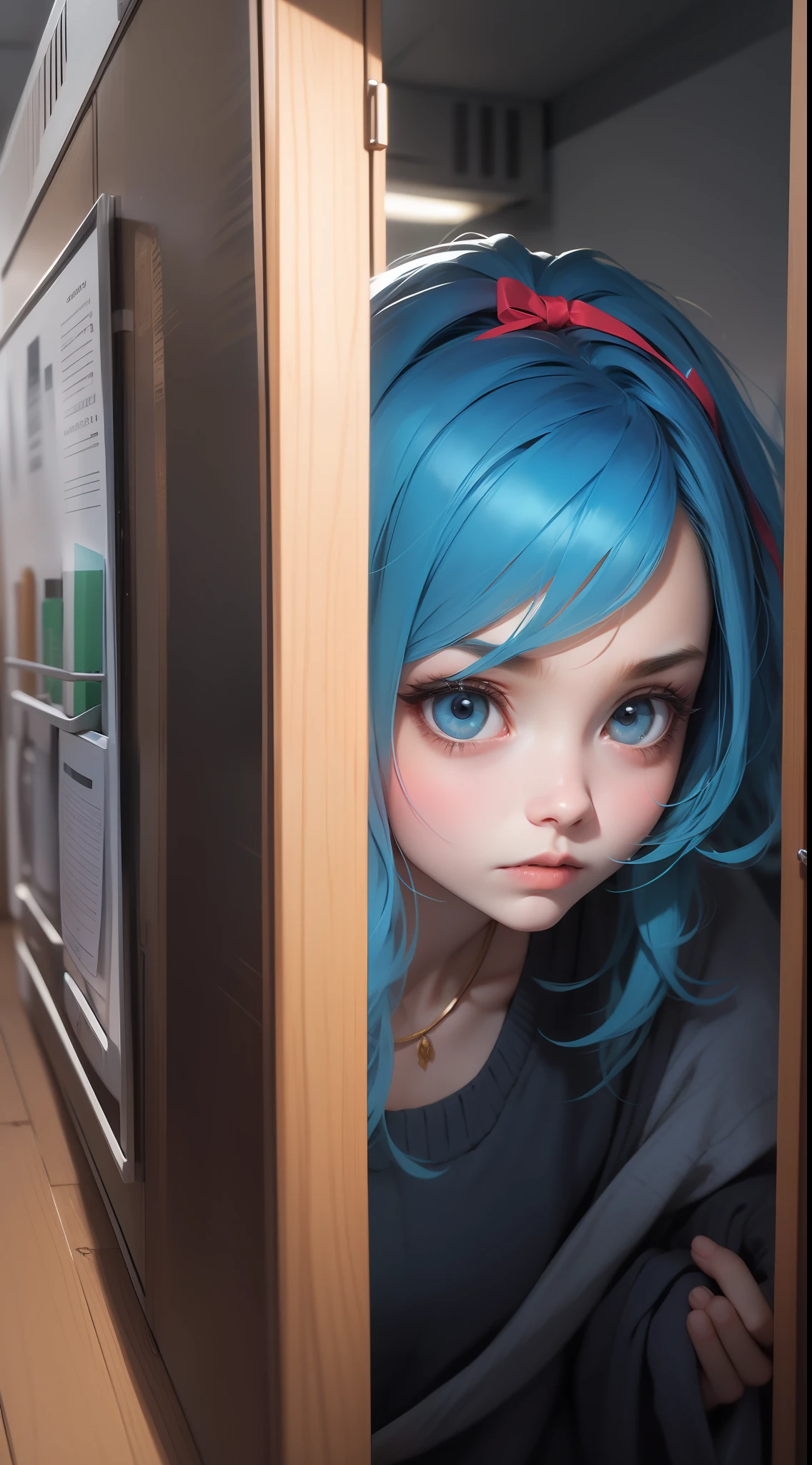 (RAW photos,best qality,Masterpiece x1.2),(lifelike,Photo realistic x1.4),(Masterpiece x1.4),(Best quality x1.4),1girle,Blue hair,Blue sweatshirt,jeans,Hide behind a cabinet,Stare at the monster,Surrounded by monsters,serious expression,(shining skin),realistice