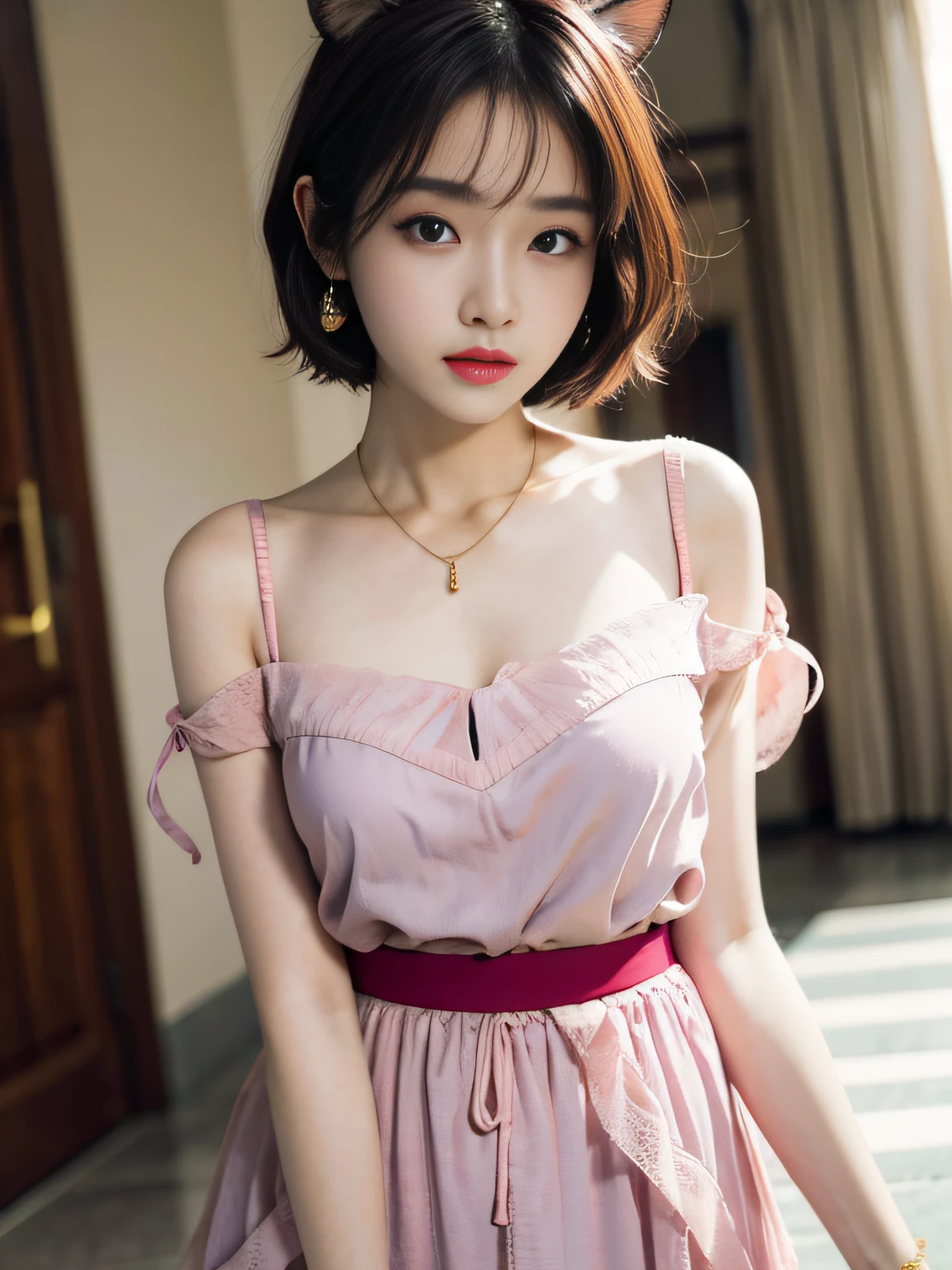 hkgirl, sun dress, short hair, Random posture, (An extremely delicate and beautiful work), (masterpiece), 1girl, a girl in a pink dress, highly detailed, waist leaking, charming expression, beautiful and clear eyes, green eye pupil, delicate necklace, delicate earrings, fairy ears, simple blurred background, extreme detail description, beautiful, charming, (ulzzang-6500-v1.1:0.5) , (pureerosface_v1:0.5)