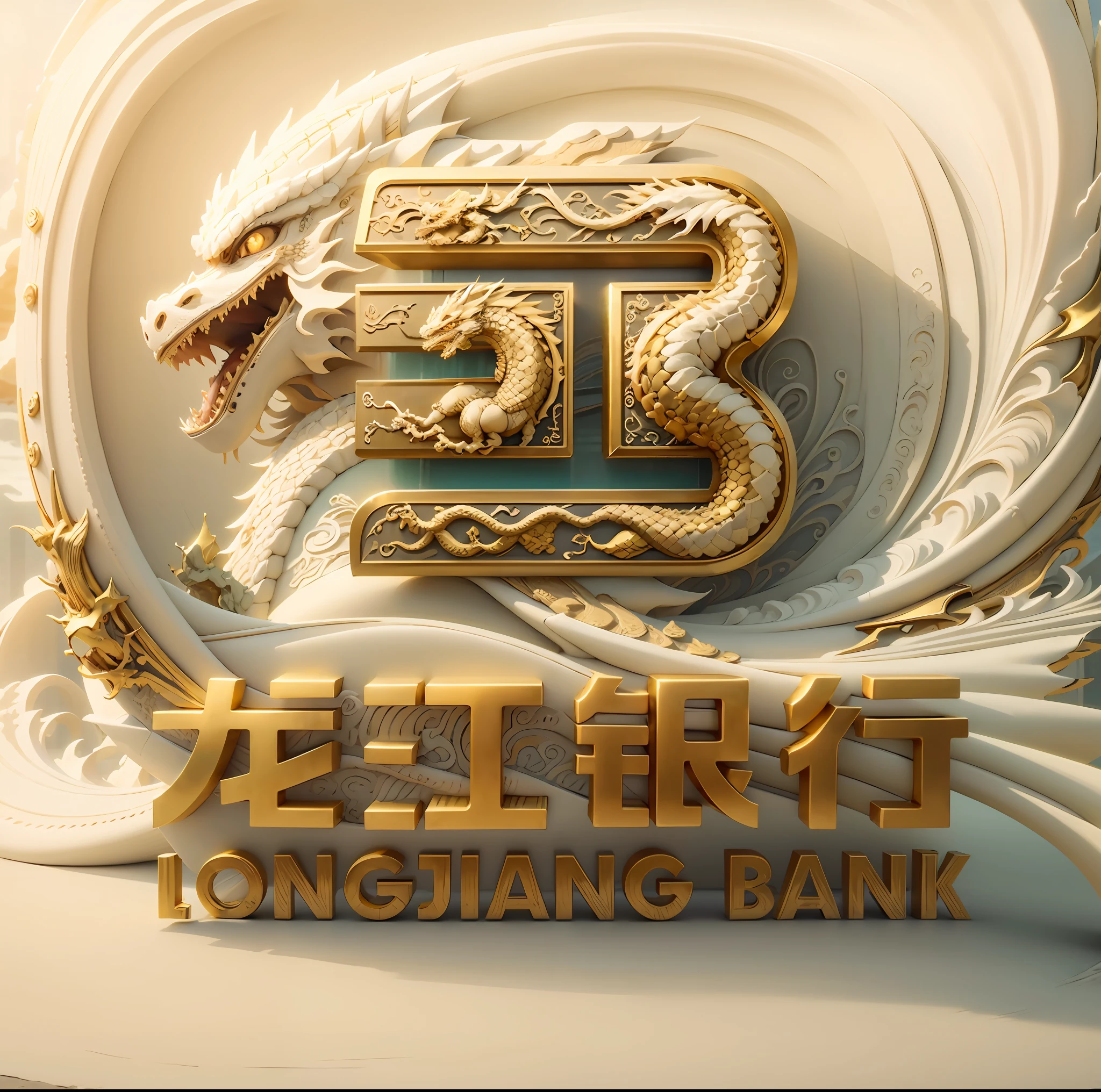 Close-up of Longjiang Bank logo，chinese dragon，Oriental dragon，sign，Company logo，sign，IvoryGoldAI，gold bar，money，treasure，aqua，seawater，wave，color