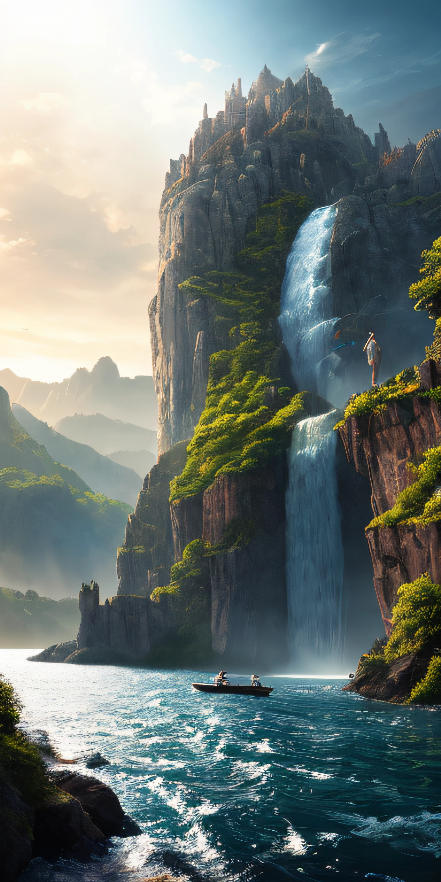 Masterpiece, best quality, high quality, extremely detailed CG unity 8k wallpaper, landscape, outdoor, sky, cloud, sky, no humans, mountain, landscape, water, tree, blue sky, waterfall, cliff, nature, lake, river , cloudy skies, award winning photography, bokeh, depth of field, HDR, bloom, chromatic aberration, photorealism, very detailed, trending on artstation, trending on CGsociety, intricate, high detail, dramatic, midjourney art