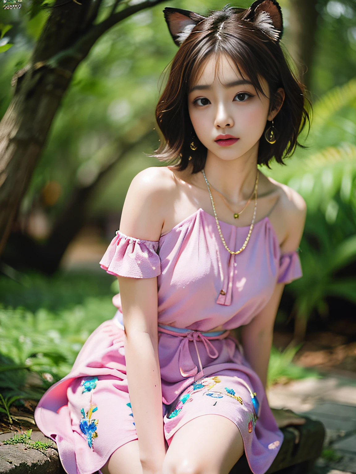 hkgirl, sun dress, short hair, Random posture, (An extremely delicate and beautiful work), (masterpiece), 1girl, a girl in a pink dress, highly detailed, waist leaking, charming expression, beautiful and clear eyes, green eye pupil, delicate necklace, delicate earrings, fairy ears, simple blurred background, extreme detail description, beautiful, charming, (ulzzang-6500-v1.1:0.5) , (pureerosface_v1:0.5)