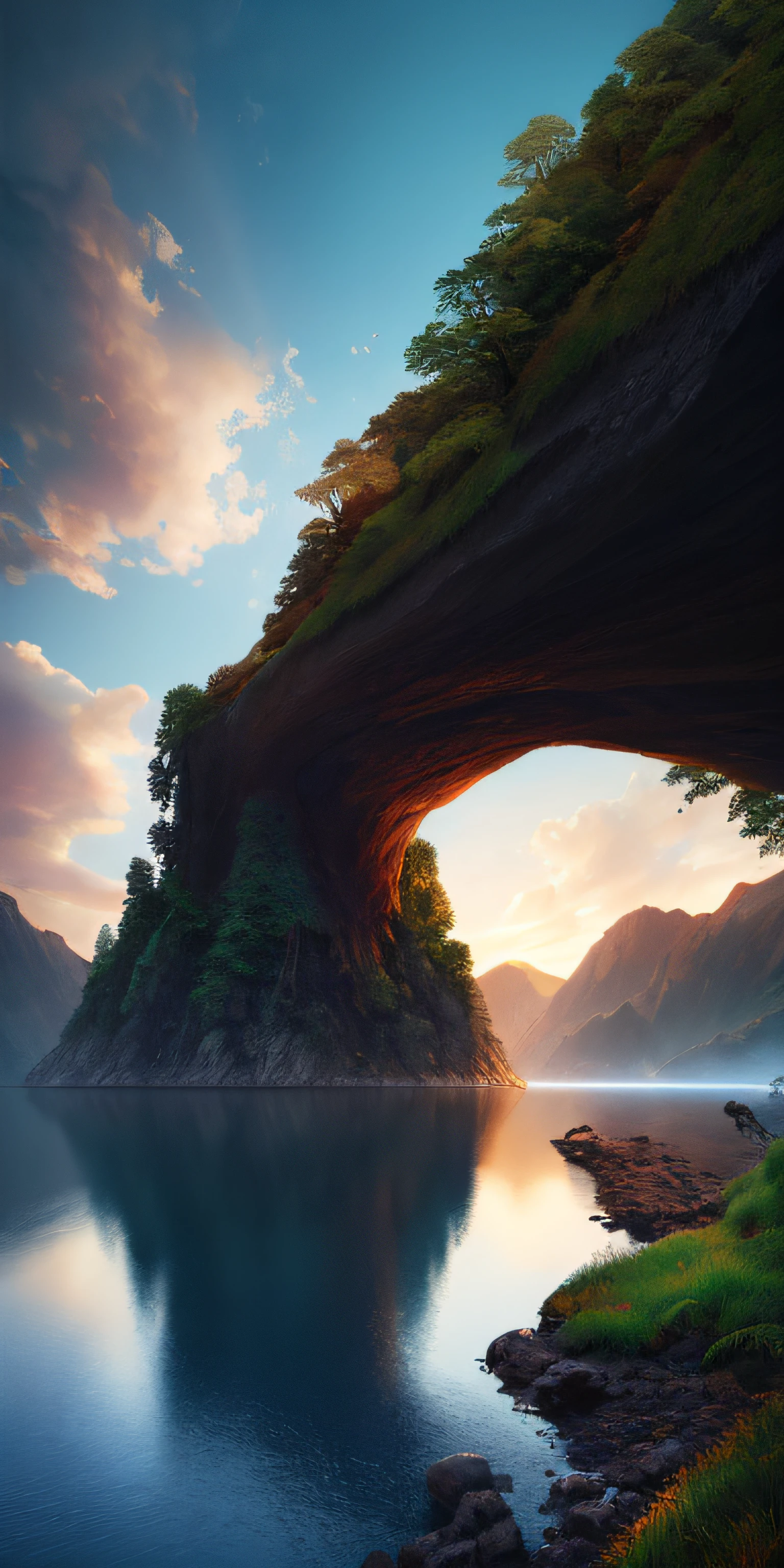Masterpiece, best quality, high quality, extremely detailed CG unity 8k wallpaper, landscape, outdoor, sky, cloud, sky, no humans, mountain, landscape, water, tree, blue sky, waterfall, cliff, nature, lake, river , cloudy skies, award winning photography, bokeh, depth of field, HDR, bloom, chromatic aberration, photorealism, very detailed, trending on artstation, trending on CGsociety, intricate, high detail, dramatic, midjourney art
