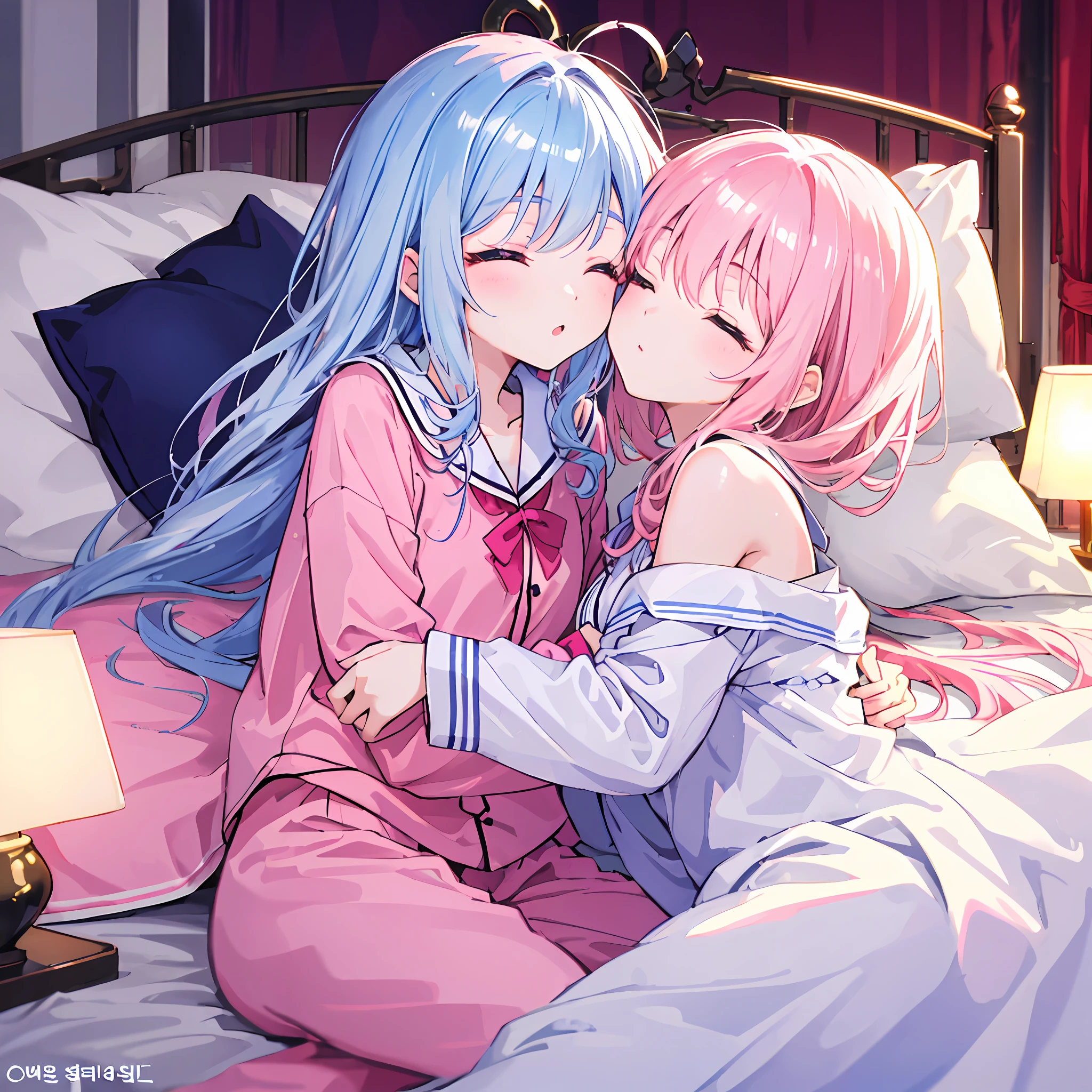 maximum quality、A Masterpiece、with high resolution、highly detail、8K、two girl、cuddly、Anime、crystal clear white skin、Functional、all body、junior high school student、14yo、(Hair color is shiny light pink)、Cute summer pajamas、On a beautiful cute bed、Have a good morning kiss、While sleeping、Embarrassing