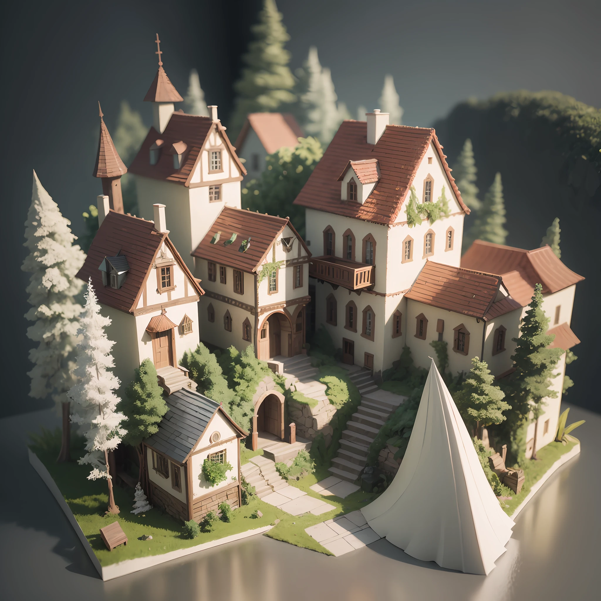 Ancient medieval village, integrating three-dimensional paper sculpture and creating art on paper, using stereoscopic 3D rendering technology, gradient color matching from white to green, using 4K resolution, using simple and natural composition, and using white in the background, presenting a fresh and wonderful natural style. (:nature:) --auto
