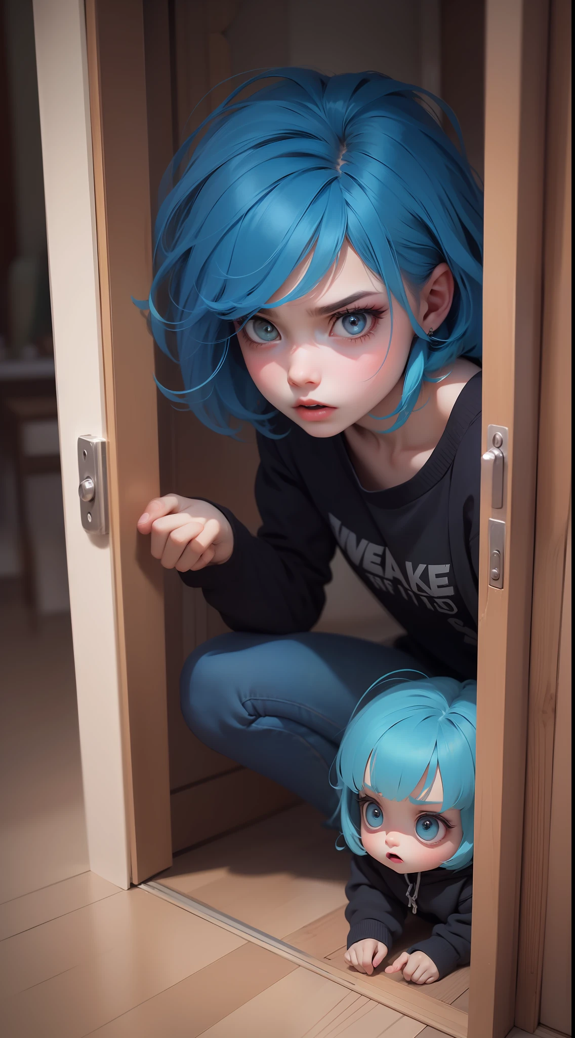 （RAW photos，best qualit，Masterpiece x1.2），（Lifelike，Photo realistic x1.4），（Masterpiece x1.4），（Best quality x1.4），1girle，solo，Showing a frightened expression，Blue hair，Blue sweatshirt，jeans，Squat，Hide behind the door and look outside，Stare at the monster，(Surrounded by monsters outside the door，Black monsters，Monsters have a lot of eyes:1.2)，Serious expression，（shinny skin），realistice