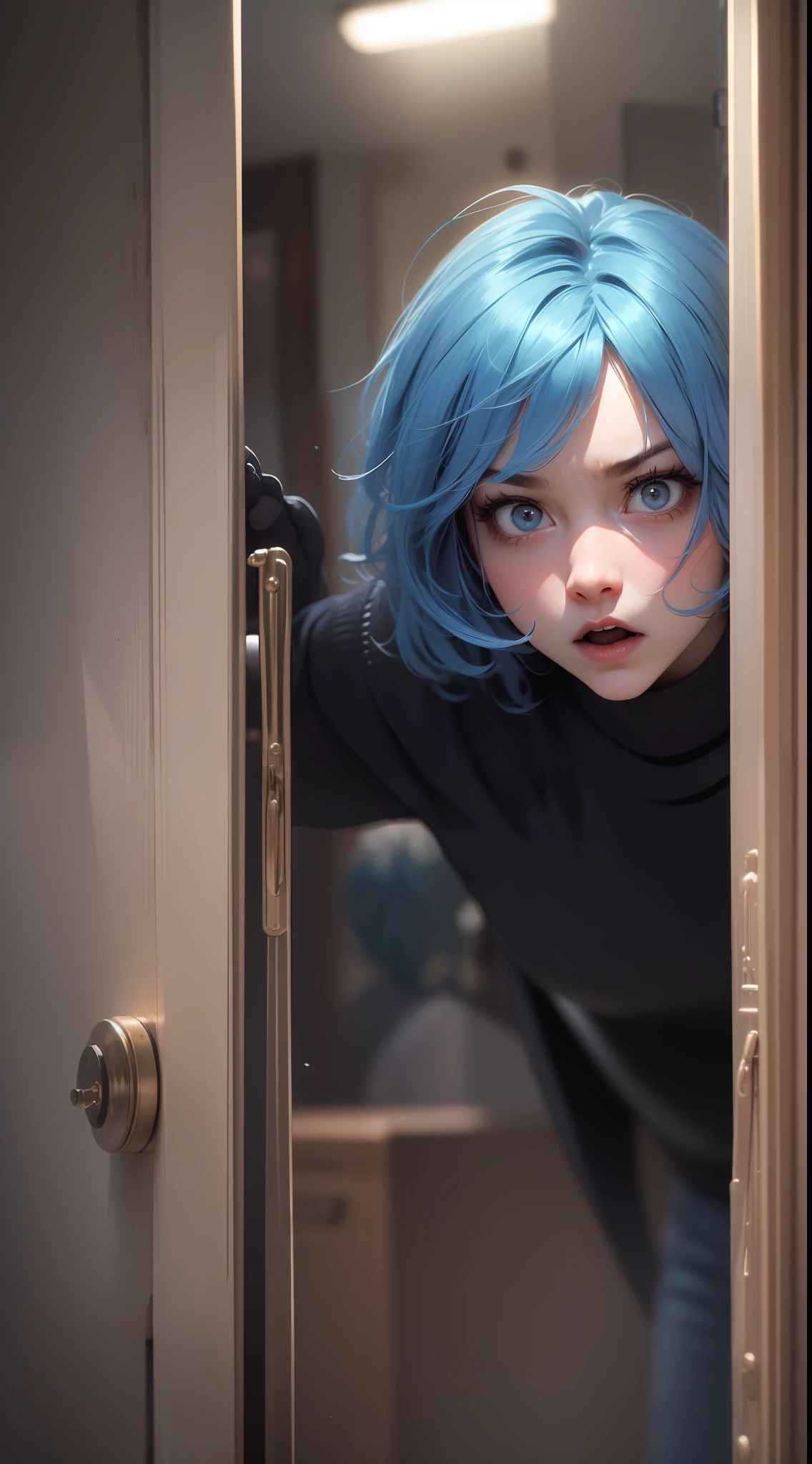(RAW photos,best qualit,Masterpiece x1.2),(Lifelike,Photo realistic x1.4),(Masterpiece x1.4),(Best quality x1.4),1girle,solo,Showing a frightened expression,Blue hair,Blue sweatshirt,jeans,Squat,Hide behind the door and look outside,Stare at the monster,(Surrounded by monsters outside the door,Black monsters,Monsters have a lot of eyes:1.2),Serious expression,(shinny skin),realistice