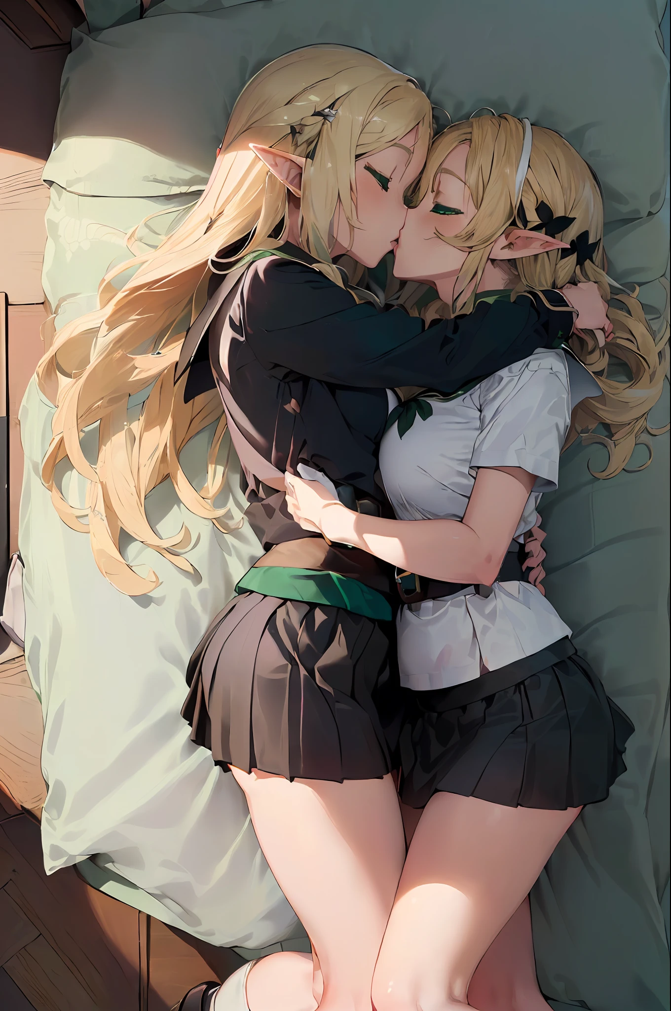 (((2girls)))、(((Elven Woman))、((((lily))))、((((couple))))、(((Elf woman with blonde long straight hair and green eyes)))、(Large breasts)、((((Two loving elf women in black miniskirt and white school uniform sleep together on bed in room hug and kiss on cheek))))、upper half body