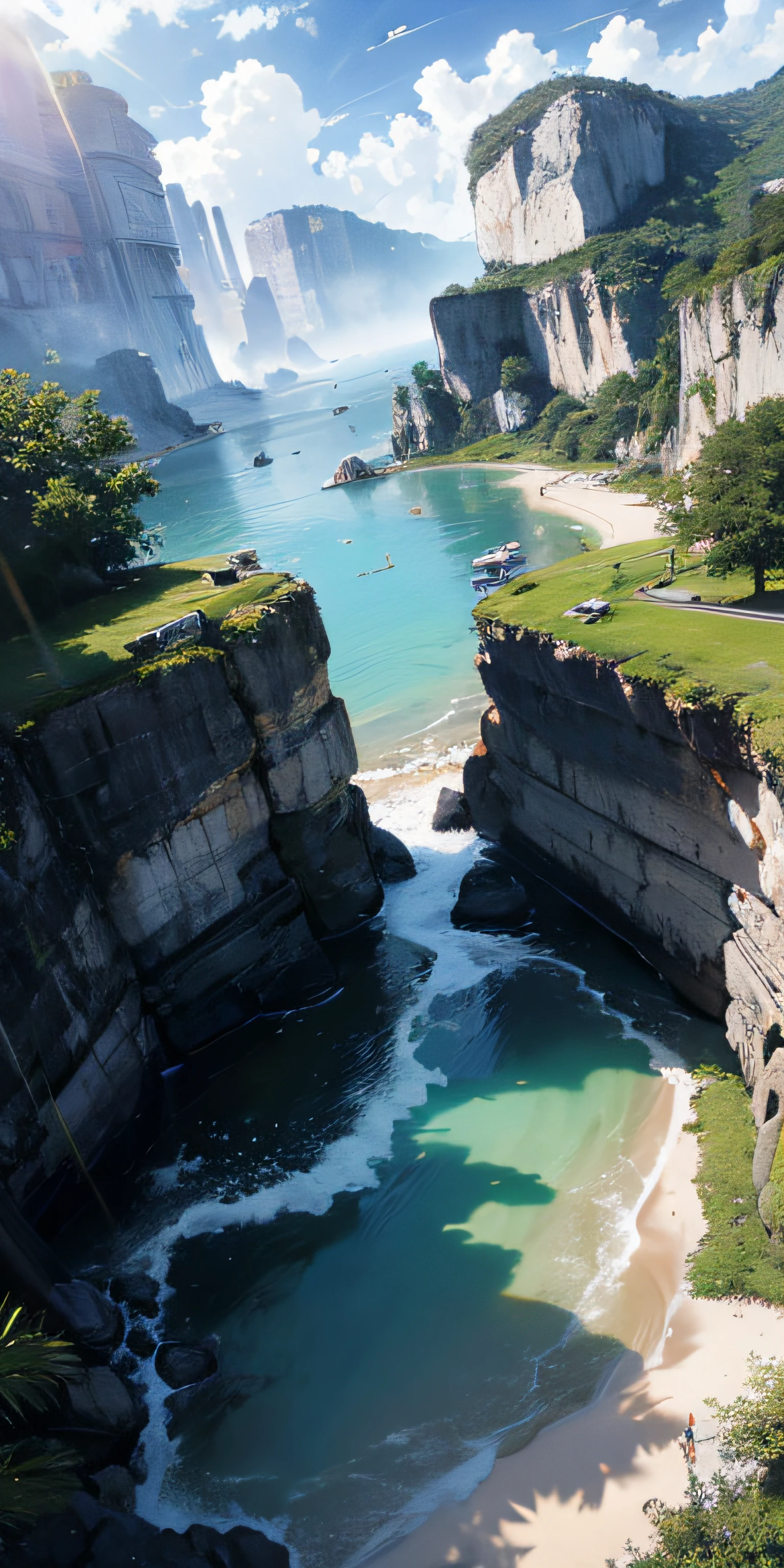 Jeizuo,the best quality t,high quailty,Very detailed CG unified 8k wallpaper,Giant cyan rain tree of surrealism,In a futuristic prehistoric village,Splashing water,Sandy debris,lens flare,Solar axis,Fluffy clouds,super-detailed,HDR,bloom,Realism,super-detailed,Ridiculous resolution, high res, (masterpiece:1.4), super-detailed,, seen from above, space, float, --v 6