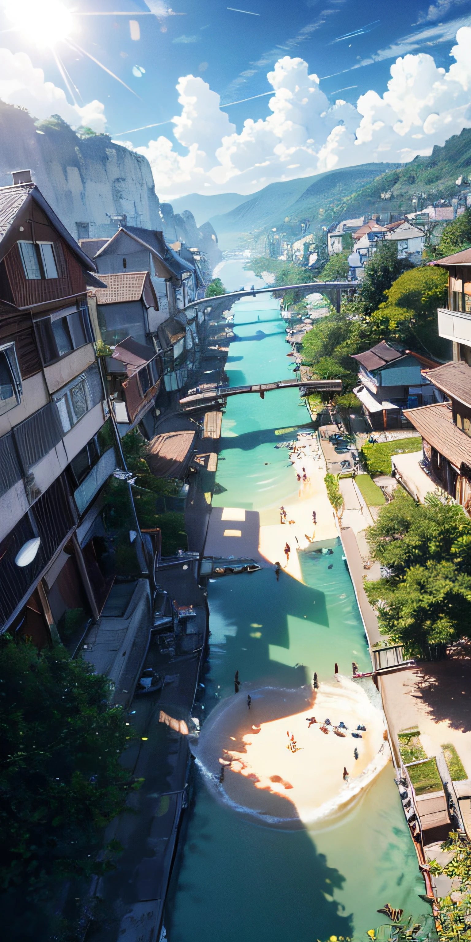 Jeizuo,the best quality t,high quailty,Very detailed CG unified 8k wallpaper,Giant cyan rain tree of surrealism,In a futuristic prehistoric village,Splashing water,Sandy debris,lens flare,Solar axis,Fluffy clouds,super-detailed,HDR,bloom,Realism,super-detailed,Ridiculous resolution, high res, (masterpiece:1.4), super-detailed,, seen from above, space, float, --v 6