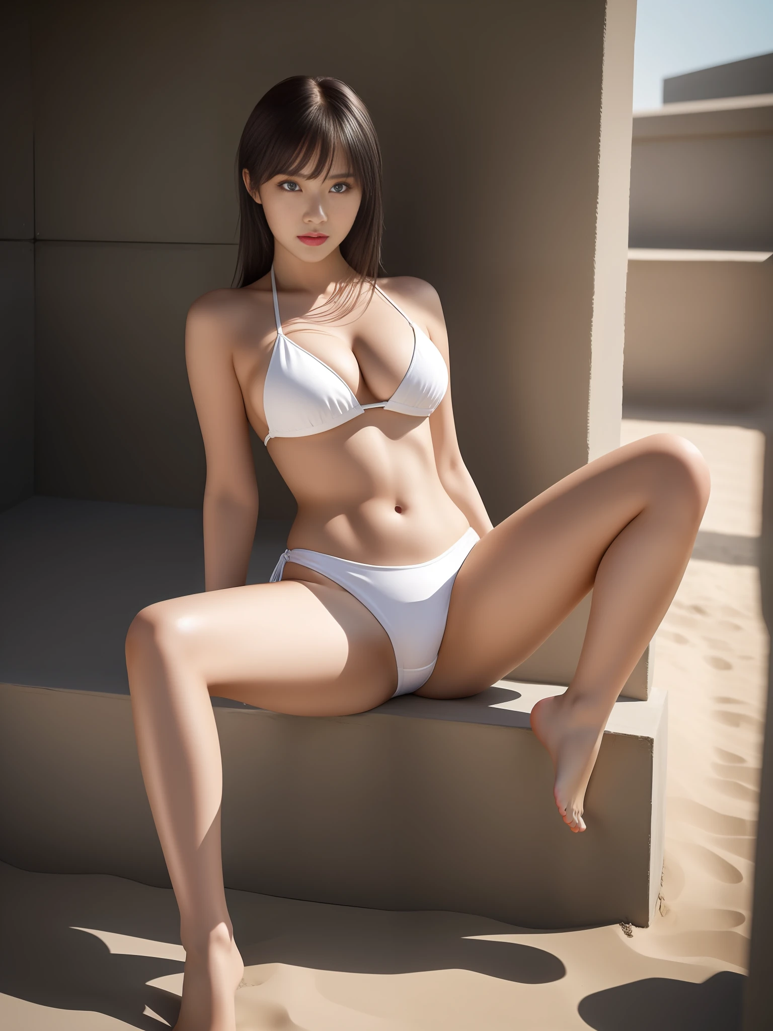 (A Masterpiece), Realistic,1 woman、(Full body image of a woman), beatutiful face, daylight, Cinematic light,beach、 Bangs, Beautiful female, beautiful eye, dark black hair, Big big tits、perfect antomy, Very cute, Princess eyes, (Black eyes) , (Frame the head), centre image, Stylized, Natural Daylight, 8 class large,8K resolution, Small white high-leg bikini, Human hand, Full of wonders, elegant, Approaching perfection, Dynamic, highly detail, Character Sheet、Concept art、smooth、Face the viewer directly so that the body is symmetrical and balanced、Amazingly beautiful woman in her 20s、detailed hairstyle、
