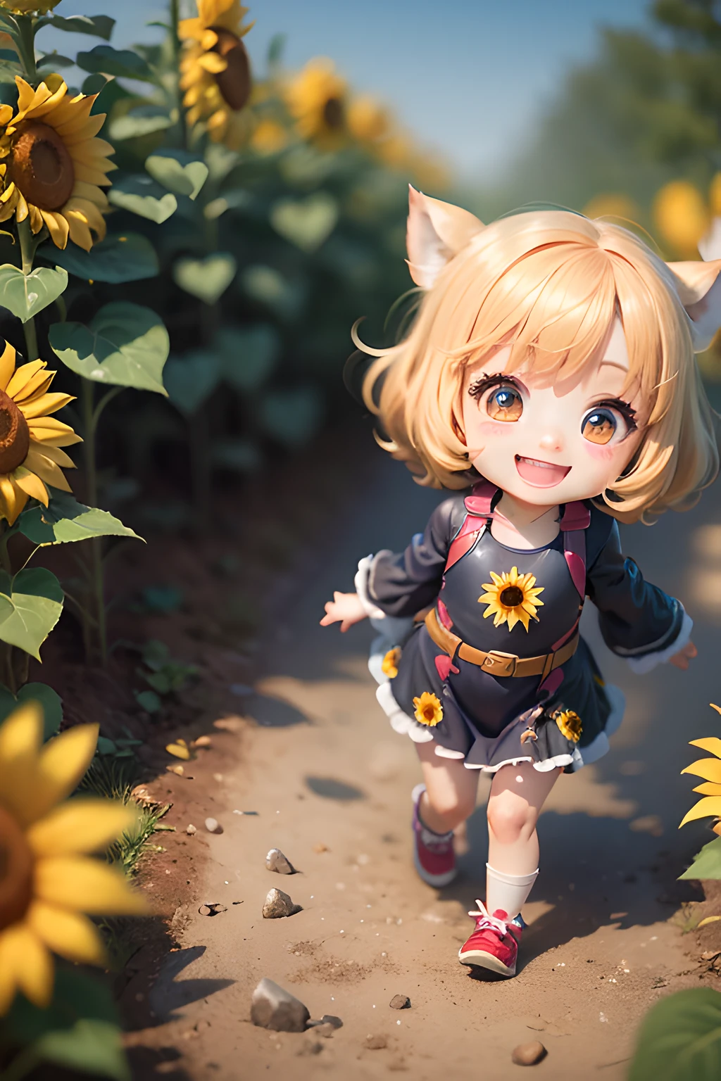 A masterpiece、maximum quality、Full polygon、Smoothing、Fine touch、Chibi Chara、One-piece clothes、Sunflower、Happy smile、sun