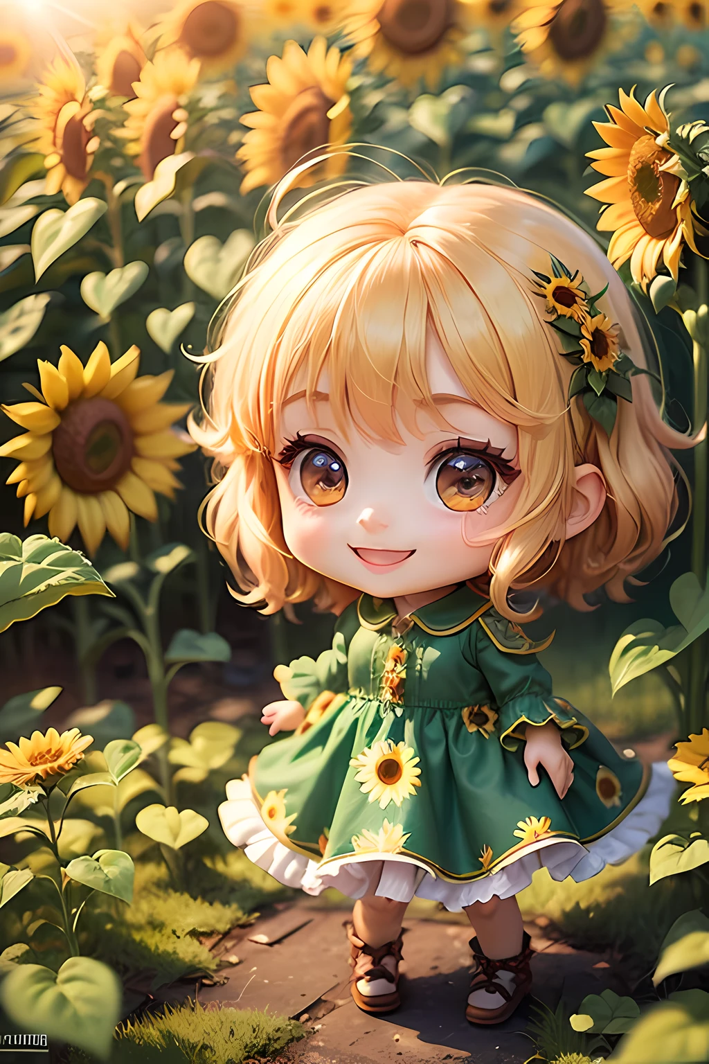 A masterpiece、maximum quality、Full polygon、Smoothing、Fine touch、Chibi Chara、One-piece clothes、Sunflower、Happy smile、sun