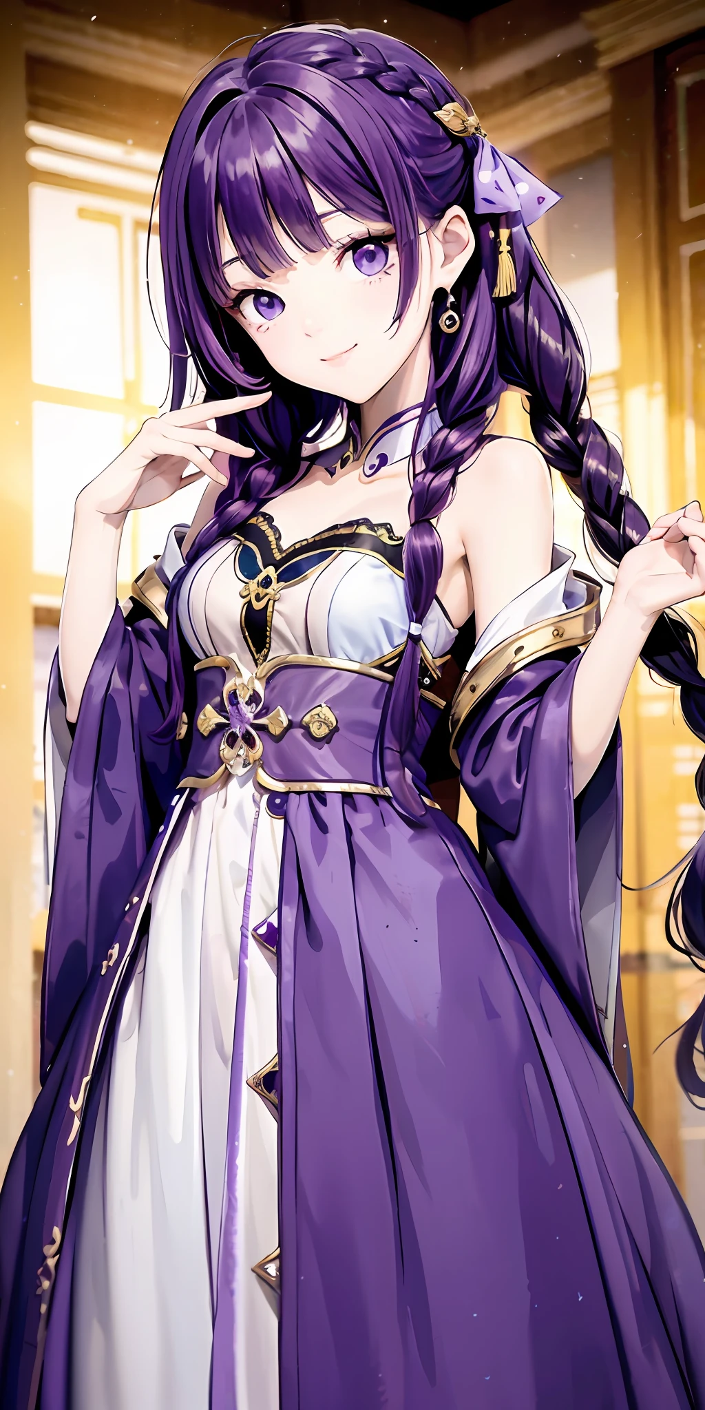 Need,Jeizuo,Purple hair,Lilac eyes,lab coat,see up,upper half body,hair,Fair skin,side braid,Costume,Light smile,robe,Dress conservatively。