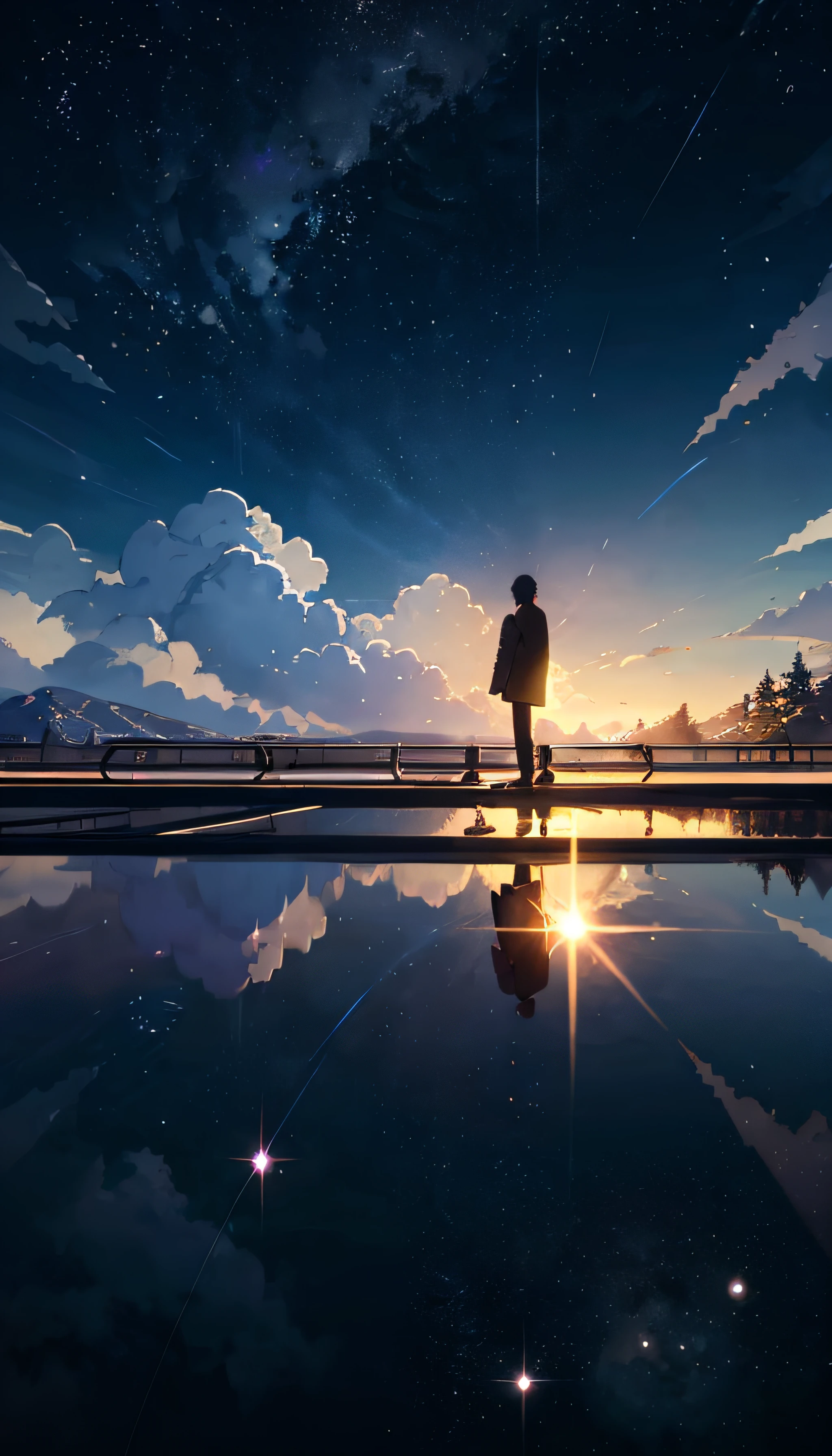 Masterpiece, anime train passing through bodies of water on tracks, bright starry sky. Romantic train, Makoto Shinkai's picture, pixiv, concept art, lofi art style, reflection. by Makoto Shinkai, lofi art, Beautiful anime scene, Anime landscape, detailed scenery —width 672, in style of Makoto shinkai, style of Makoto shinkai, enhanced details.