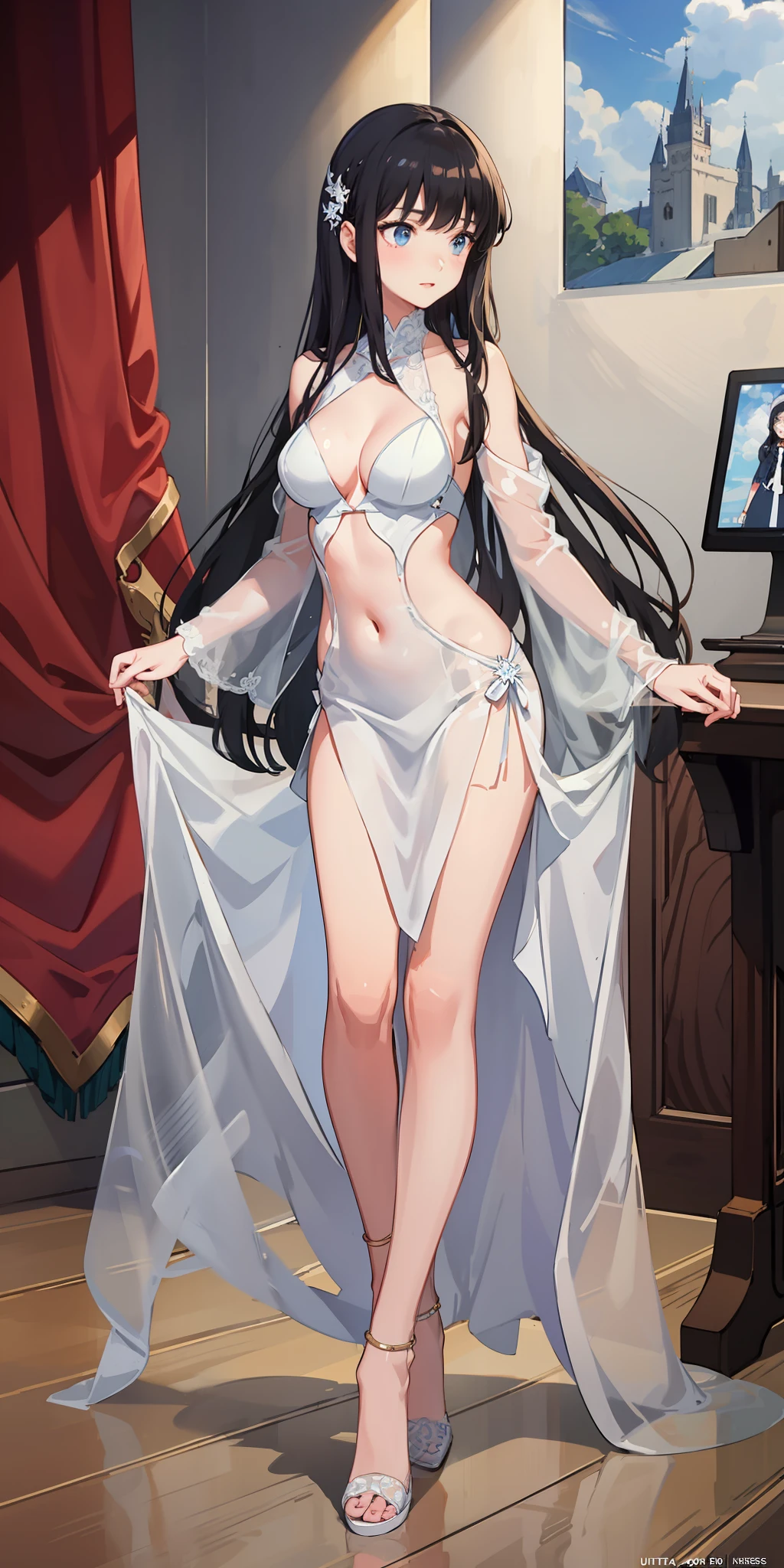 masterpiece, best quality, ultra-detailed, illustration,1girl,
long hair, black hair,
medium breast, white gown, slim legs, navel, nervous, medieval