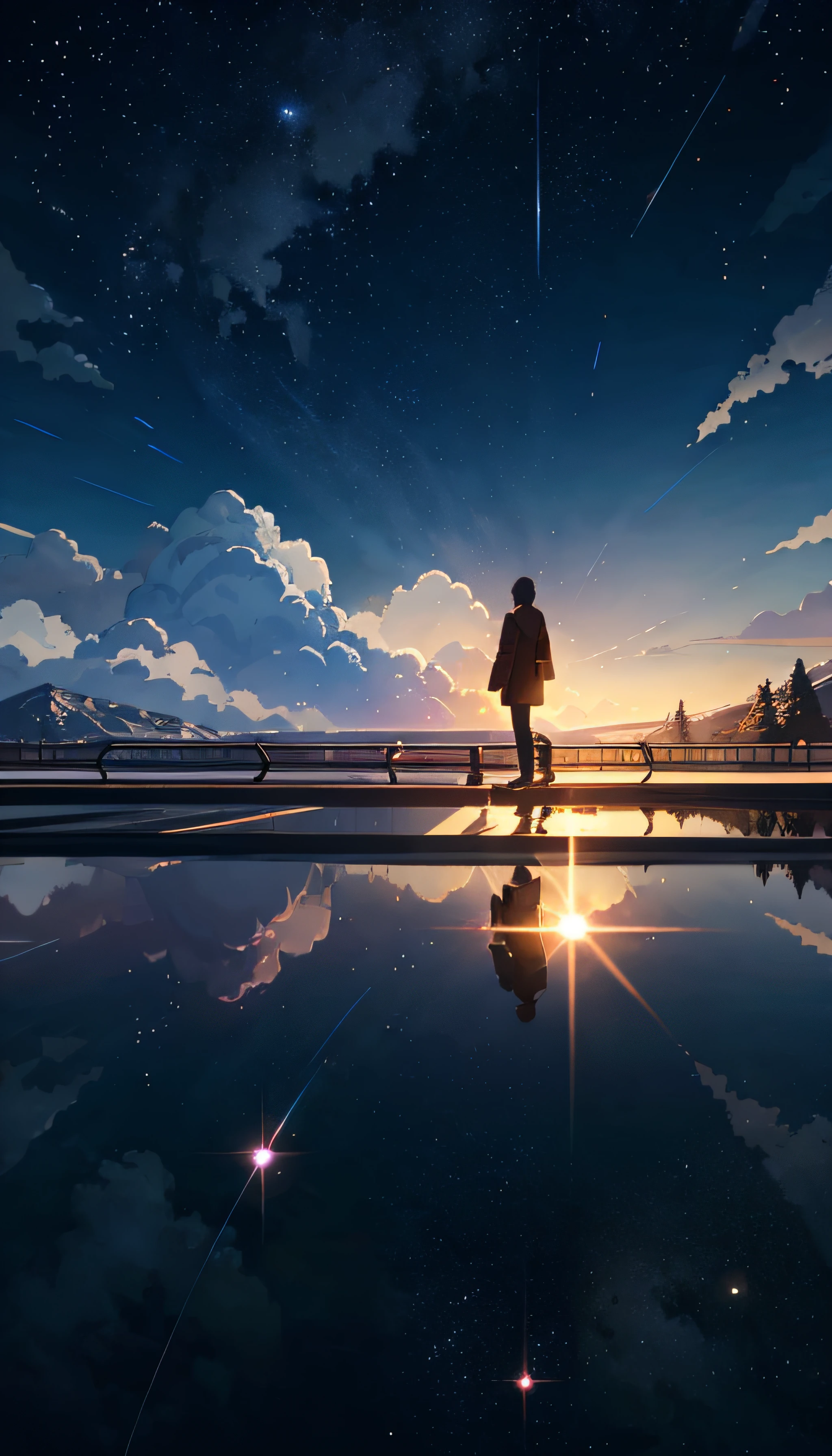 Masterpiece, anime train passing through bodies of water on tracks, bright starry sky. Romantic train, Makoto Shinkai's picture, pixiv, concept art, lofi art style, reflection. by Makoto Shinkai, lofi art, Beautiful anime scene, Anime landscape, detailed scenery —width 672, in style of Makoto shinkai, style of Makoto shinkai, enhanced details.