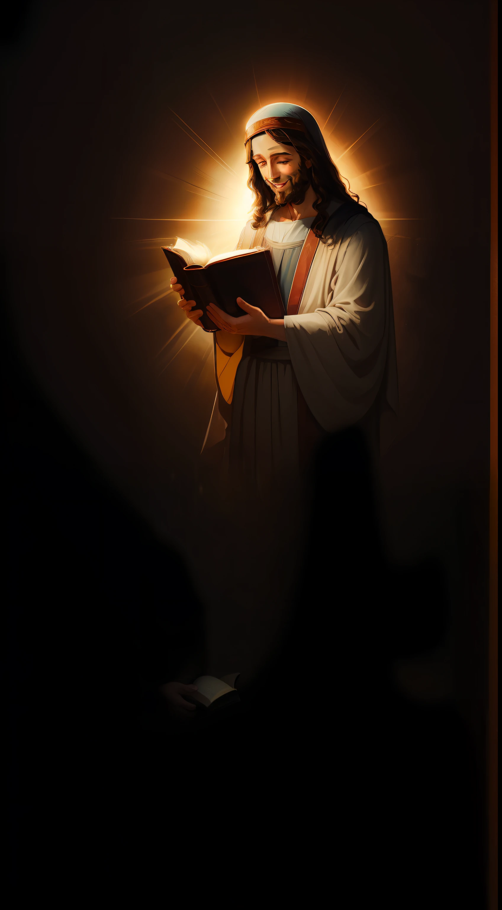 Jesus Christ holding a bright Bible and smiling