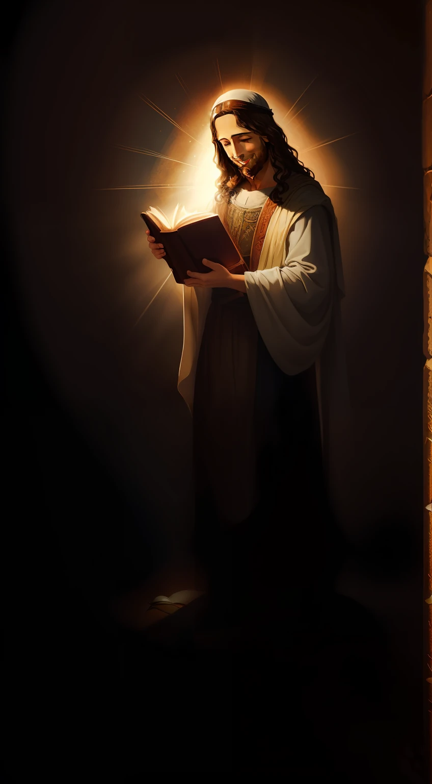 Jesus Christ holding a bright Bible and smiling