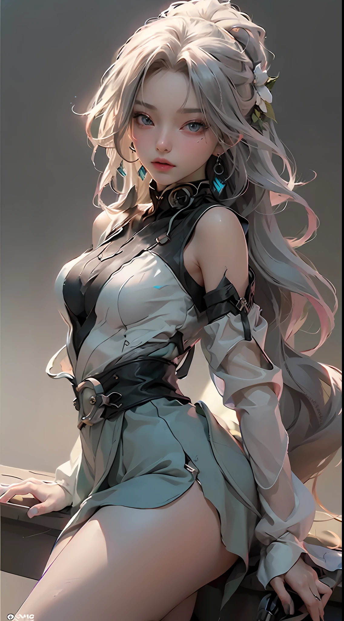 ((best qualit)), ((Jeizuo)), (detail:1.4), 3D, A beautiful cyberpunk female image,hdr（High dynamic range）,raytracing,NVIDIA RTX,Super-Resolution,Unreal 5,Subsurface scattering、PBR Texturing、post processing、Anisotropic filtration、depth offield、Maximum clarity and clarity、Multi-Layered Textures、Albedo And Specular Maps、Surface Shading、Accurate simulation of light-material interactions、Perfect Scale、rendering octane、Two-color light、Large aperture、Low ISO、White balance、rule of thirds、8K RAW、Lifelike，（Fluff is dignified，Perfect proportions，Bright eyes，lightly made up，Big black eyes，Pink and moist lips），White hair，Big black eyes，refrigeratory，Sharp eyes，fresh flowers，（Jeizuo，Lifelike，high res），（（1 teenage girl）：1.2），（（Long white wavy hair）：1.3），（Business suits，Office documentation，Sit at the desk，Playing with your phone），（（small breast）：1.5，tiny waist：1.2，Strangle thighs：1.3，Fair and moisturized skin）