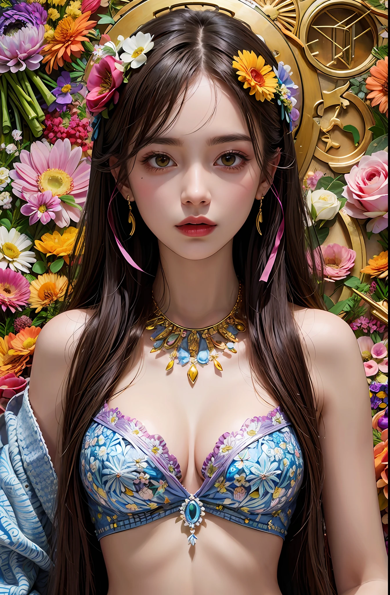 (ultra-detailed background, detailed background), absurdres, highres, ultra detailed, extremly detailed, 1girl, (bunch of flowers:1.3), (zentangle:1.2), (geometric:1.2),(colorful),