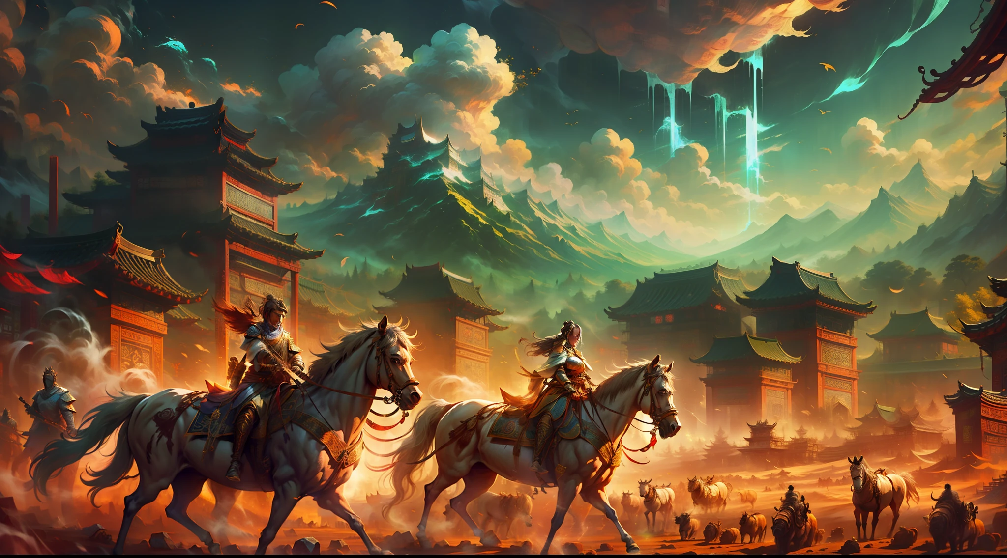 Ancient China Army, guerreiros em cavalos, campo, fazenda, The setting should depict ancient China, imagem com contraste forte, montanhas ao fundo, mists to give an air of mystery and wisdom, paisagem muito linda