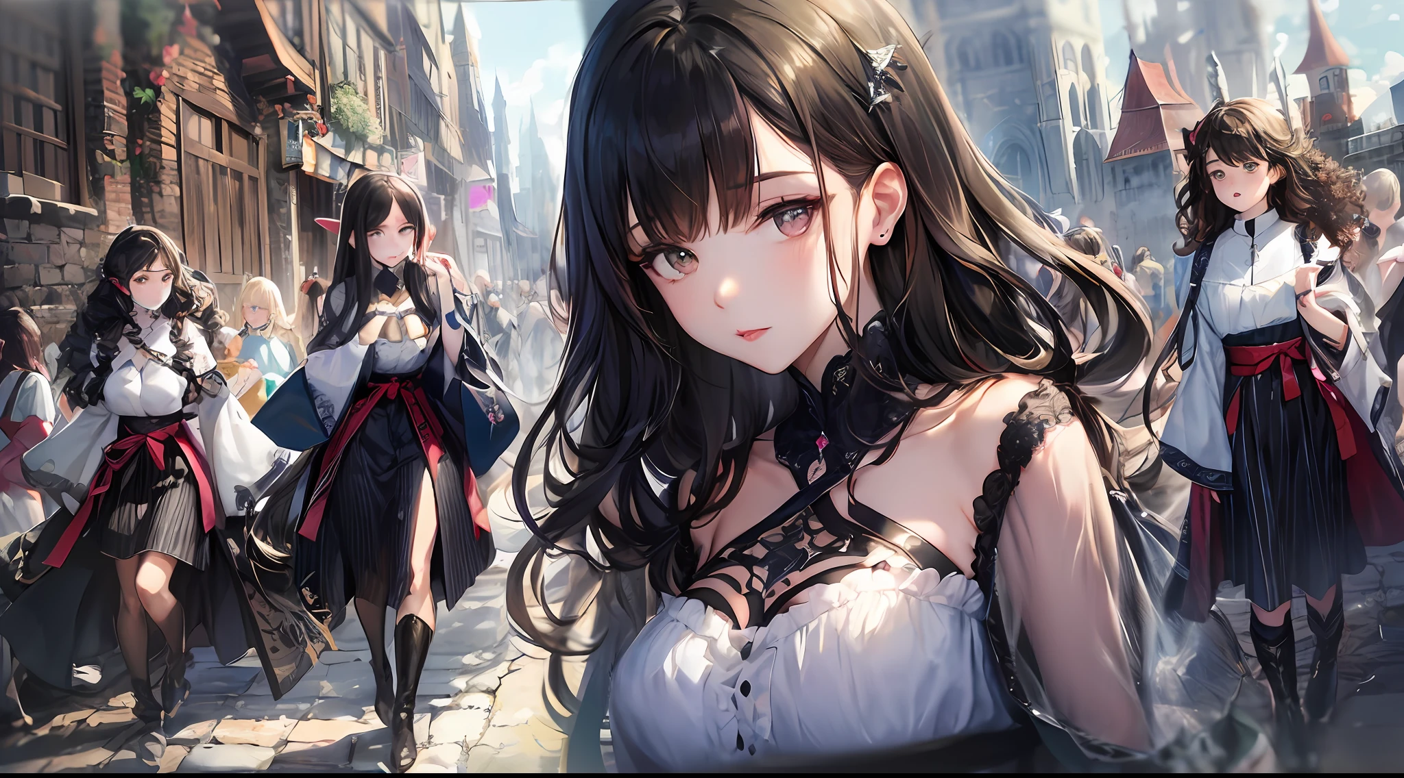 ulzzang-6500-v1.1, (original photo:1.2), (lifelike:1.4), Beautiful and delicate Japanese girl, Very detailed eyes and face, beautifuldetailedeyes,slim_legs, slim_hip, absurdes, Incredibly ridiculous, huge filesize, Super detailed, high res,Jeizuo,best qualit,Intricate details,highdetail,Clear focus,Detailed skin,photorealistic skin texture,texture, ((Wear a short Gothic dress,boot)), illustartion, RAWExtremely detailed, CG, unity, 8k wallpaper, striking, detalhes finos, Jeizuo, the best quality t,an ultra realistic, Photo realism, 8k uhd, Very detailed CG unified 8k wallpaper, light on face, Cinematic Lights, 1girle, Age16, all body,Long black curly hair,European medieval street background on left, (crowds:1.2),((dinamic pose:0.8))), ((all body,Strike seductive poses))),