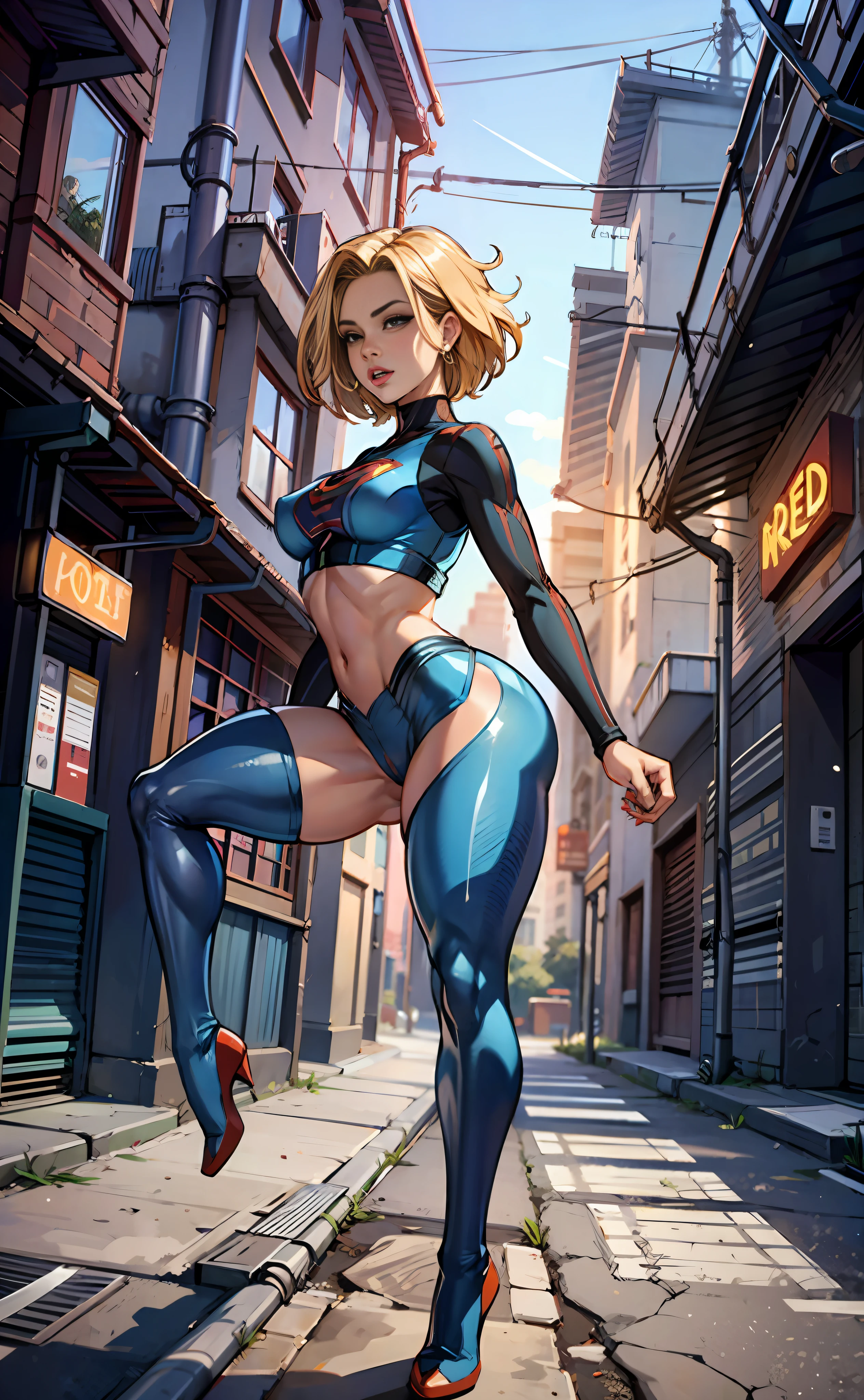 supergirl, blue sky, unparalleled masterpiece, ultra-realistic 8k CG, perfect artwork, (1 girl: 1.1), solo, ((perfect female image)), (NSFW), looking at the audience, mature women, bimbo (android 18) standing, (teasing), best quality: 1.1, seductive pose, sexy pose,
