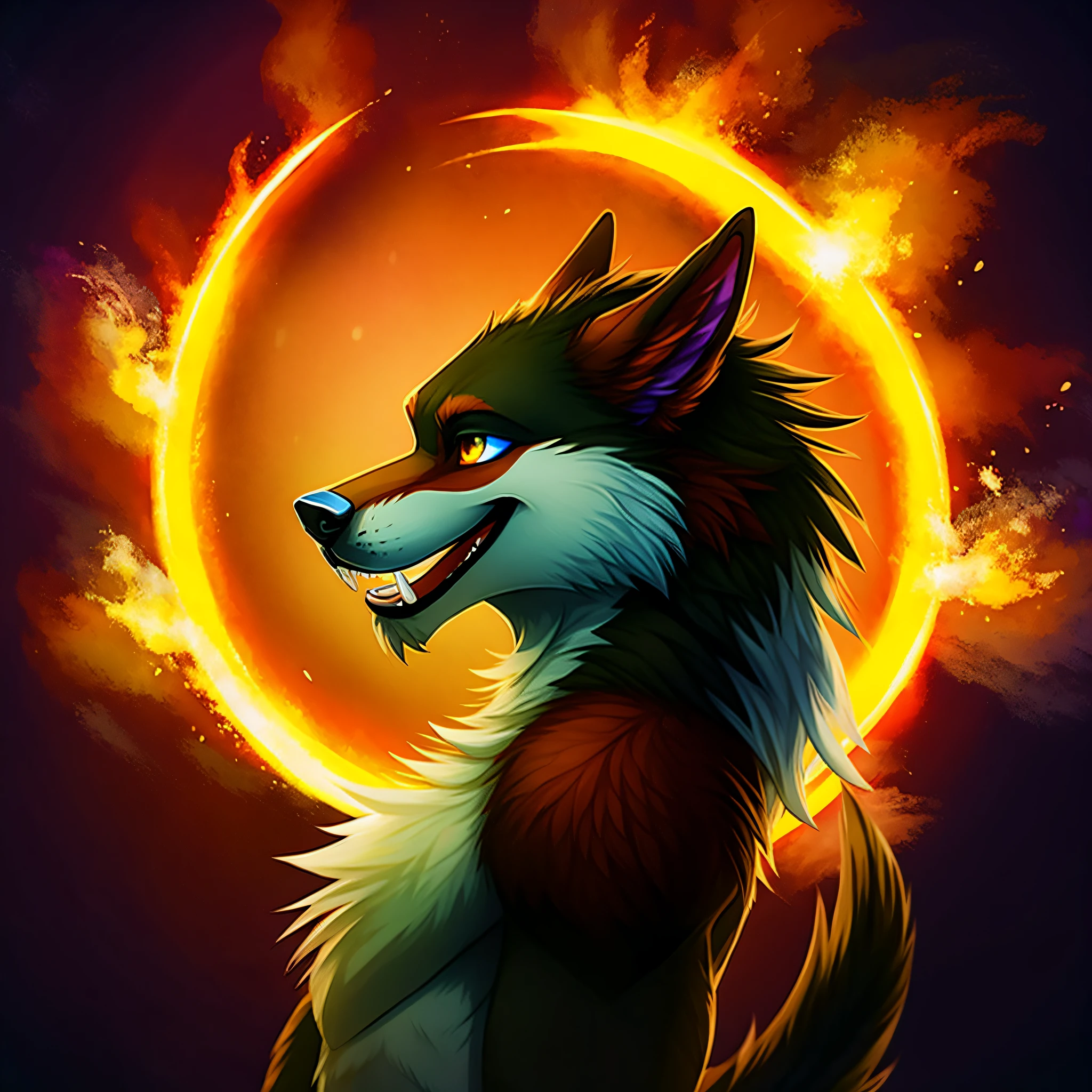 werewolf, looking happy, silver white fur, light magic