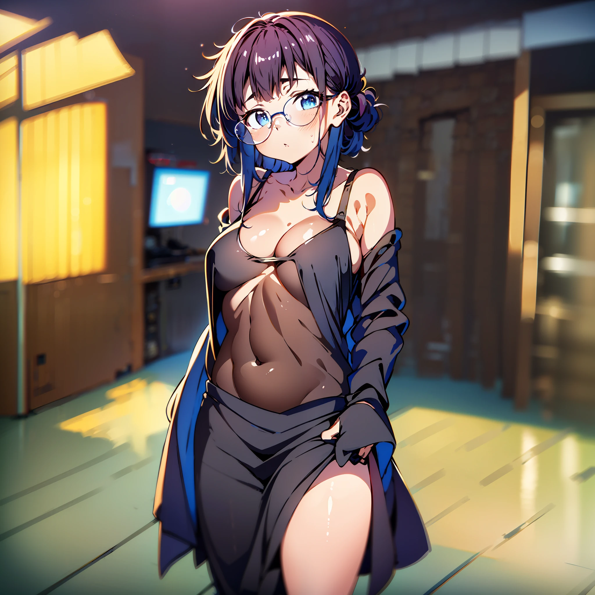 2d, masterpiece, best quality, anime, highly detailed face, highly detailed eyes, highly detailed background, perfect lighting, 1girl, solo, standing, ,koe no katachi, round glasses,Shouko Nishimiya, full body