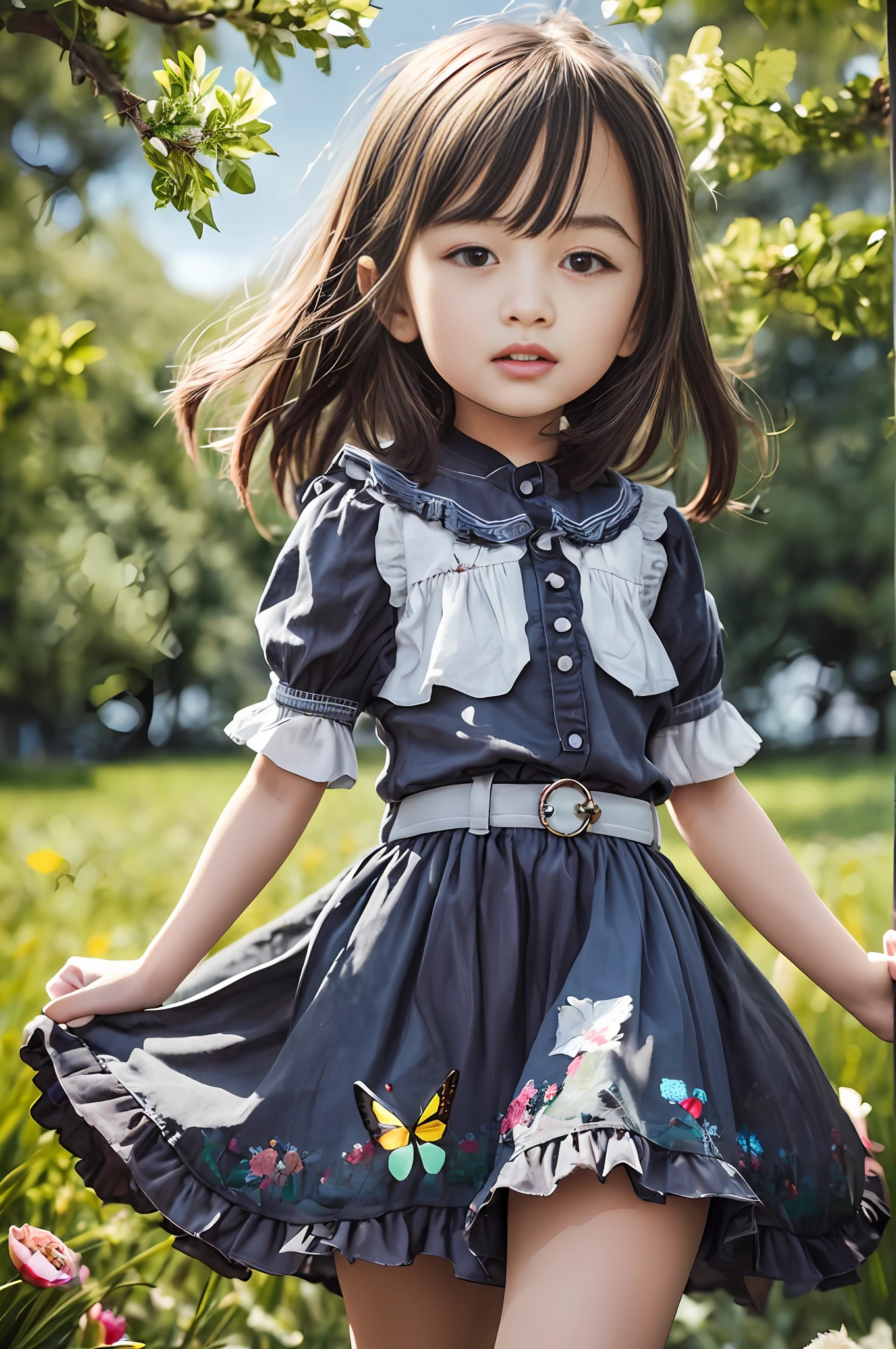 High Detail, Ultra Detail, 8K, Ultra High Resolution A cute and innocent girl, child, toddler, enjoying her time in the open field, surrounded by the beauty of nature, warm sun sprinkling on her, wildflowers gently swaying in the breeze. Butterflies and birds flutter around her, adding to the playful atmosphere,