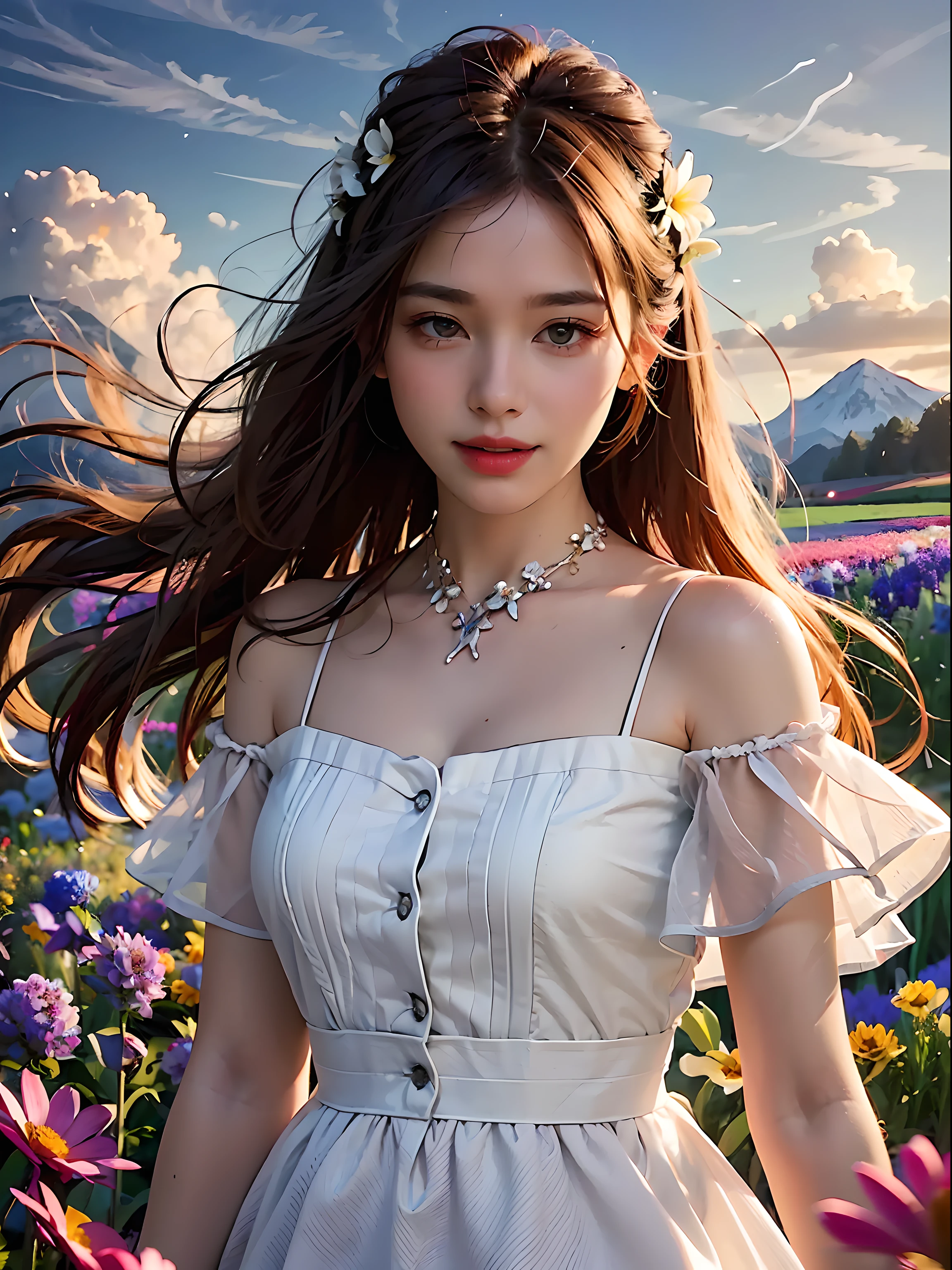 1girl, dynamic angle, cloud and mountain, (flower field:1.4) in the foreground, white dress, light tracing, (floating colorful wind:1)
(photorealistic:1.4), official art, unity 8k wallpaper, ultra detailed, beautiful and aesthetic, masterpiece,best quality, glowing skin, cinematic lighting, light smile