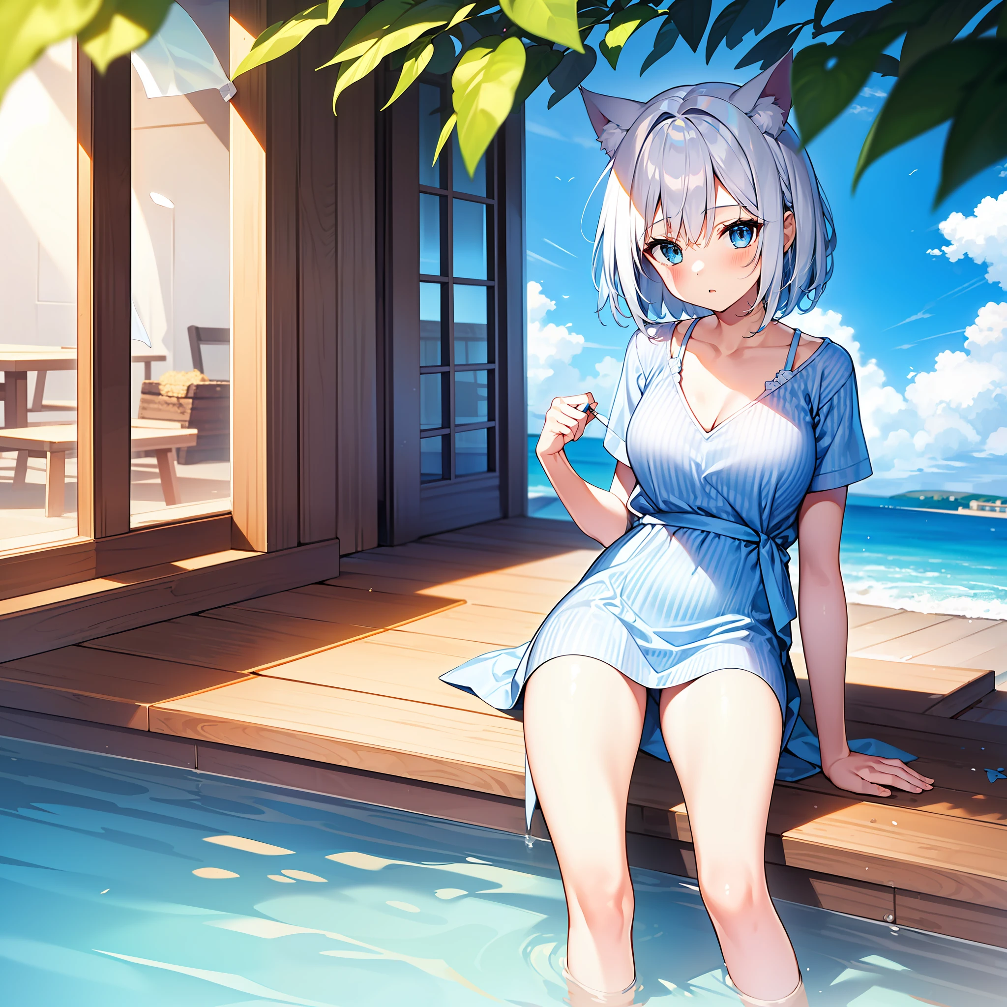 1 girl, short hair, light blue eyes, seaside, striped hair, white hair, pointed ears, UHD, masterpiece, high quality, best quality, cat ears