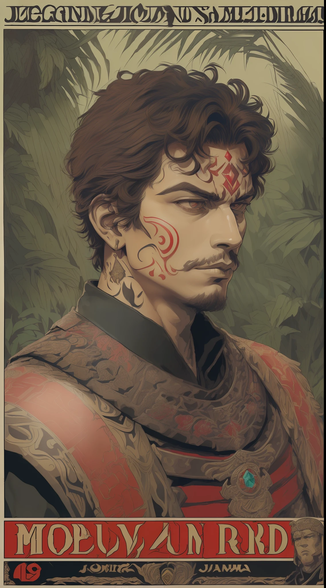 Masterpiece, (realistic), ((Moebius Jean Giraud)), ((propaganda poster)) ((((Half body portrait of brown, young, ugly, rascal, arrogant, male, roman legionnaire, combat stance, wearing black and red roman uniform with detailedsamurai elements, face tattoos, red diamond jewelry)))) (((jungle background, moths))