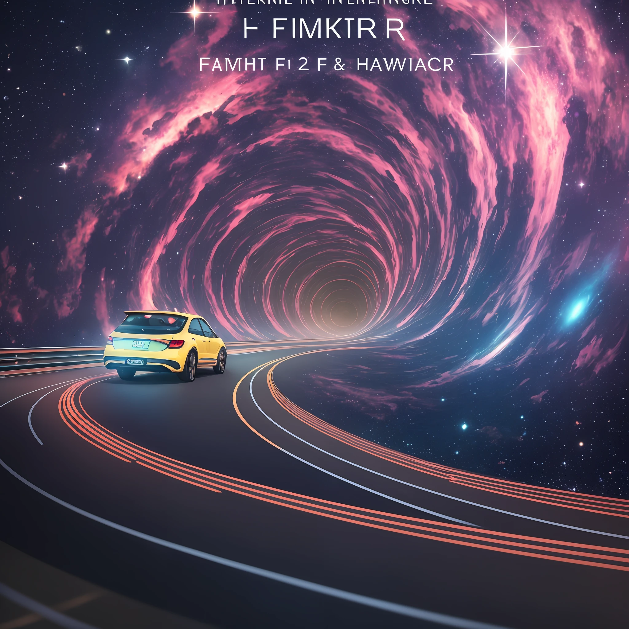 time tunnel formed by galaxies and nebulae in the sky of a dark night, from its interior ships with advanced futuristic alien technology come out, around many electric waves, many cars on the highway observing interplanetary tunnel, front view from below, aperture f/ 8, Cinema 4D, Masterpiece, 8k, HR, HQ, 4D, bokeh - -ar 3 :2 4c --auto --s2
