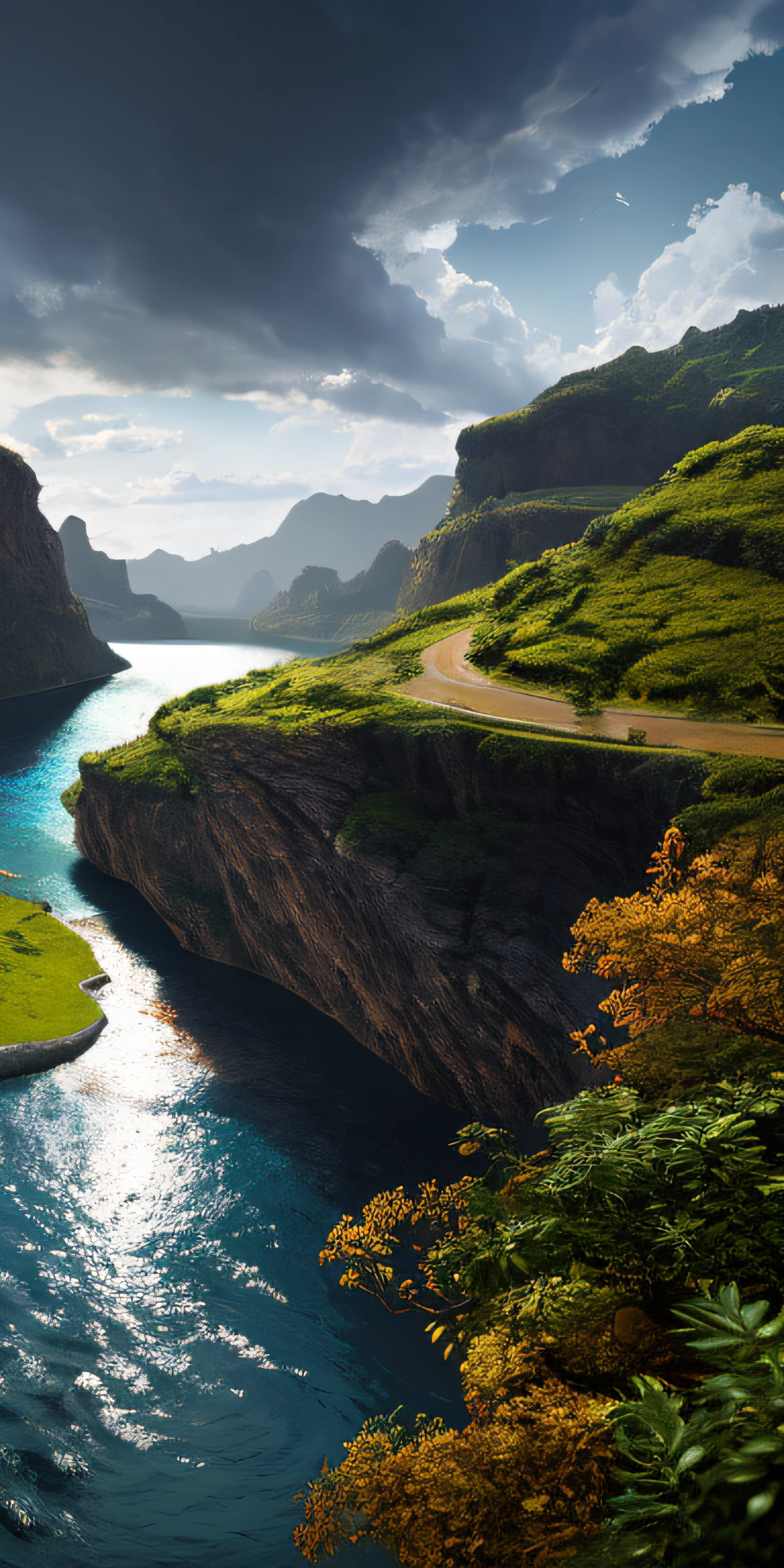 Masterpiece, best quality, high quality, extremely detailed CG unity 8k wallpaper, landscape, outdoor, sky, clouds, sky, no humans, mountain, landscape, water, tree, blue sky, waterfall, cliff, nature, lake, river , cloudy skies, award winning photography, bokeh, depth of field, HDR, bloom, chromatic aberration, photorealism, very detailed, trending on artstation, trending on CGsociety, intricate, high detail, dramatic, half way art