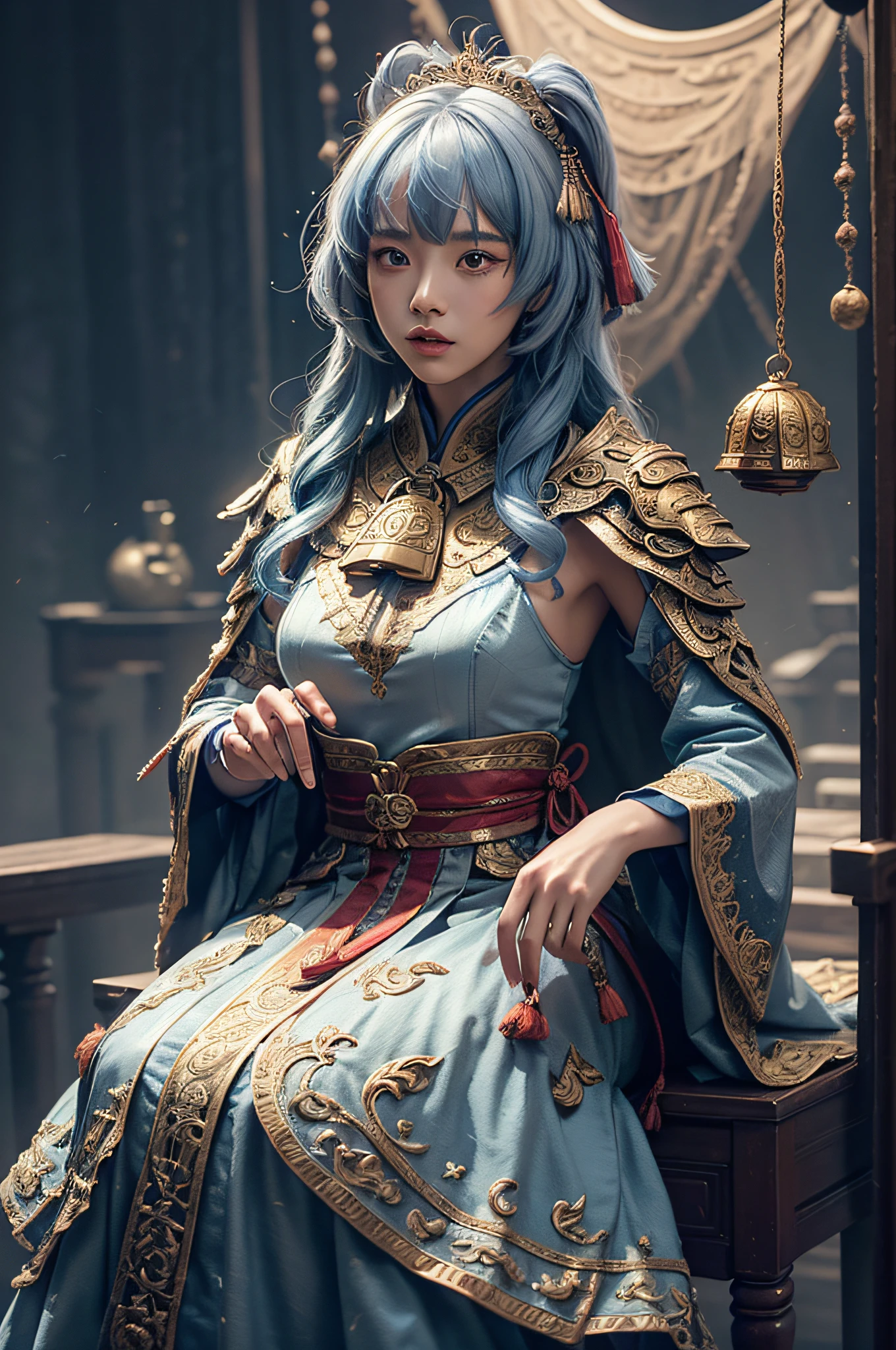 ((Jeizuo))),(((best qualit))),((super-detailed)),(a hyper realistic),(Highly detailed CG illustration),Movie light,Lifelike,(ganyu),Very beautiful young lady,whirlwind,A bell hangs on his chest,(Beautiful face and lips),Light makeup,Intricate details EBA,lightblue hair,Blue cloak,Popular on artstation,big thighs,full body photos