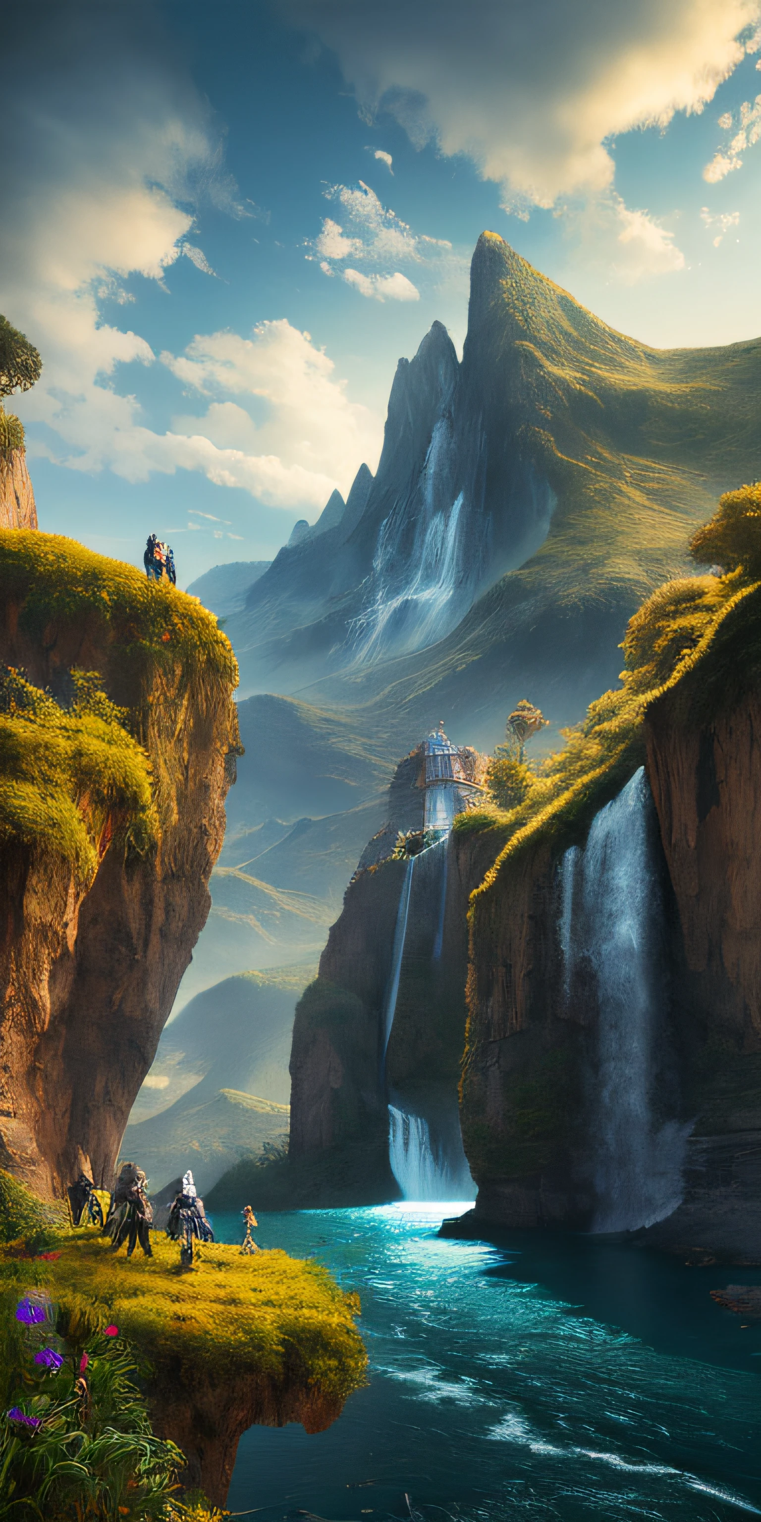 Masterpiece, best quality, high quality, extremely detailed CG unity 8k wallpaper, landscape, outdoor, sky, clouds, sky, no humans, mountain, landscape, water, tree, blue sky, waterfall, cliff, nature, lake, river , cloudy skies, award winning photography, bokeh, depth of field, HDR, bloom, chromatic aberration, photorealism, very detailed, trending on artstation, trending on CGsociety, intricate, high detail, dramatic, half way art