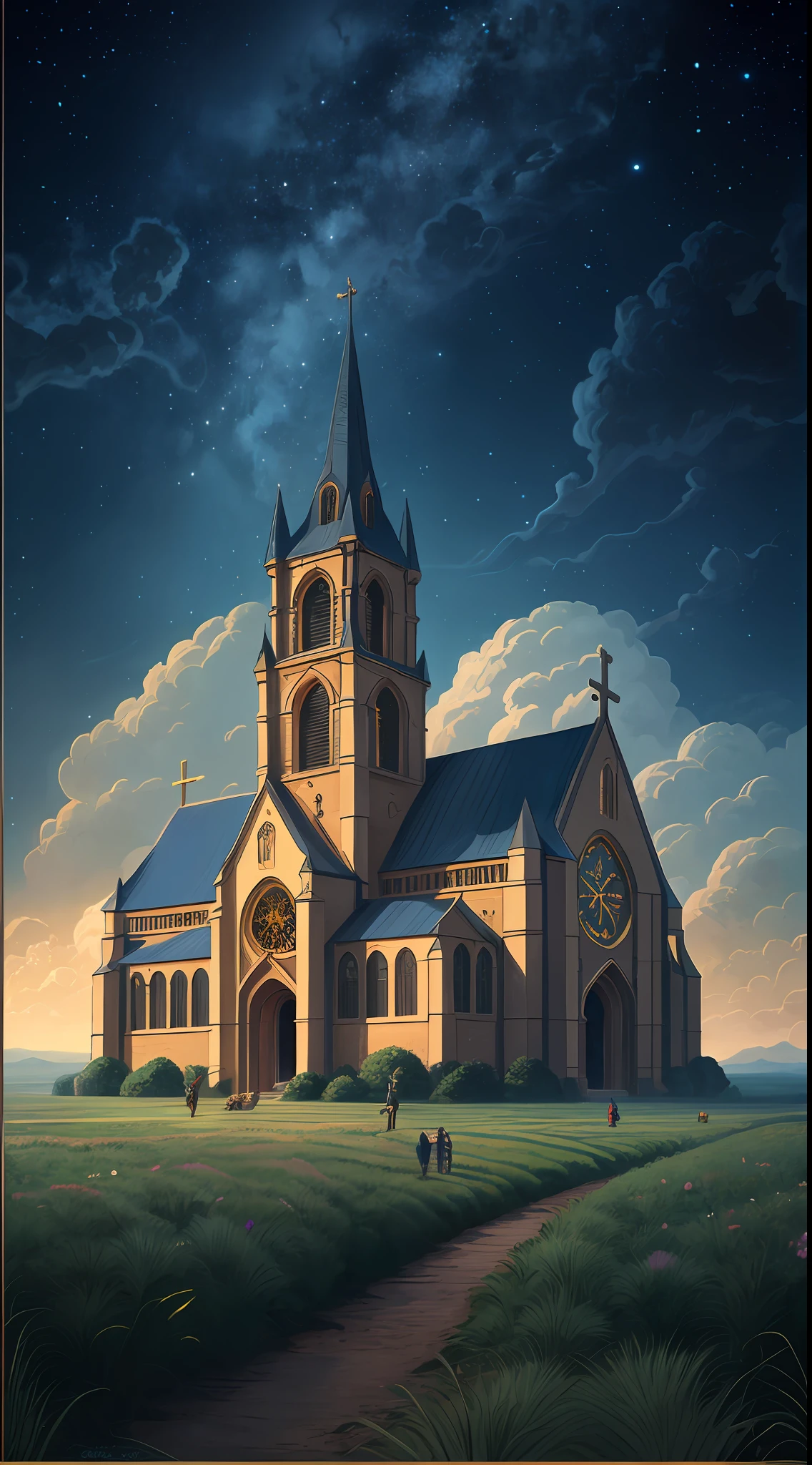 realistic photopraph of the church in ruigoord with a starry night sky where birds flying through the clouds ,children playing in a field of green lush nature with trees raising hands and wearing gloves , 4k highly detailed digital art, epic fantasy sci fi illustration, detailed dreamscape, 4k detailed digital art, detailed fantasy digital art, beautiful art uhd 4 k, dan mumford and alex grey style, sci-fi fantasy wallpaper, detailed digital 2d fantasy art, fantasy space, detailed painting 4 k