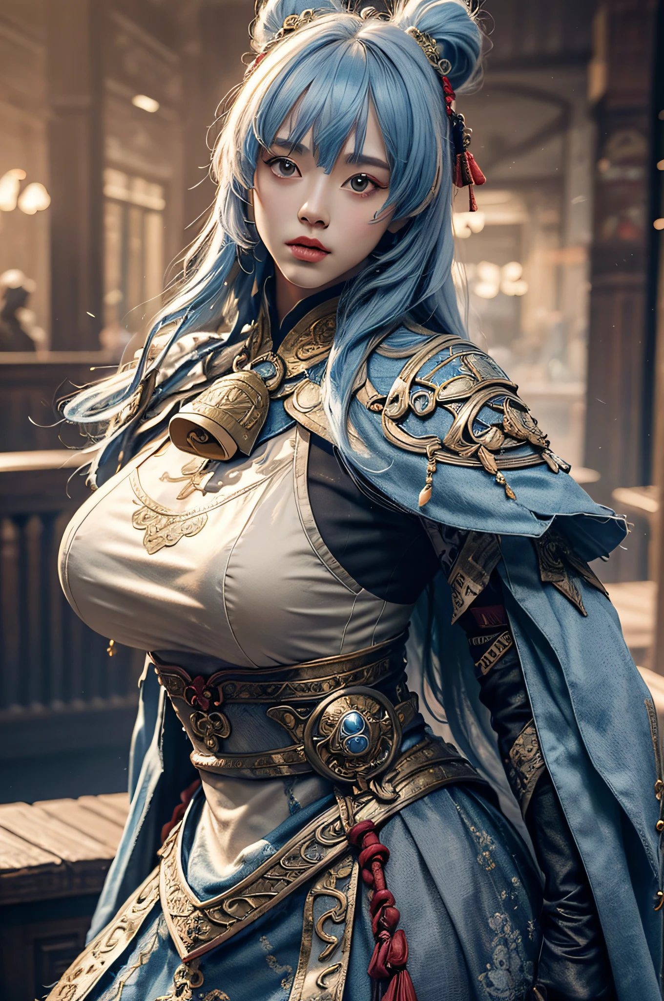 ((Jeizuo))),(((best qualit))),((super-detailed)),(a hyper realistic),(Highly detailed CG illustration),Movie light,Lifelike,(ganyu),Very beautiful young lady,whirlwind,A bell hangs on his chest,(Beautiful face and lips),Light makeup,Intricate details EBA,lightblue hair,Blue cloak,Popular on artstation,big thighs,full body photos