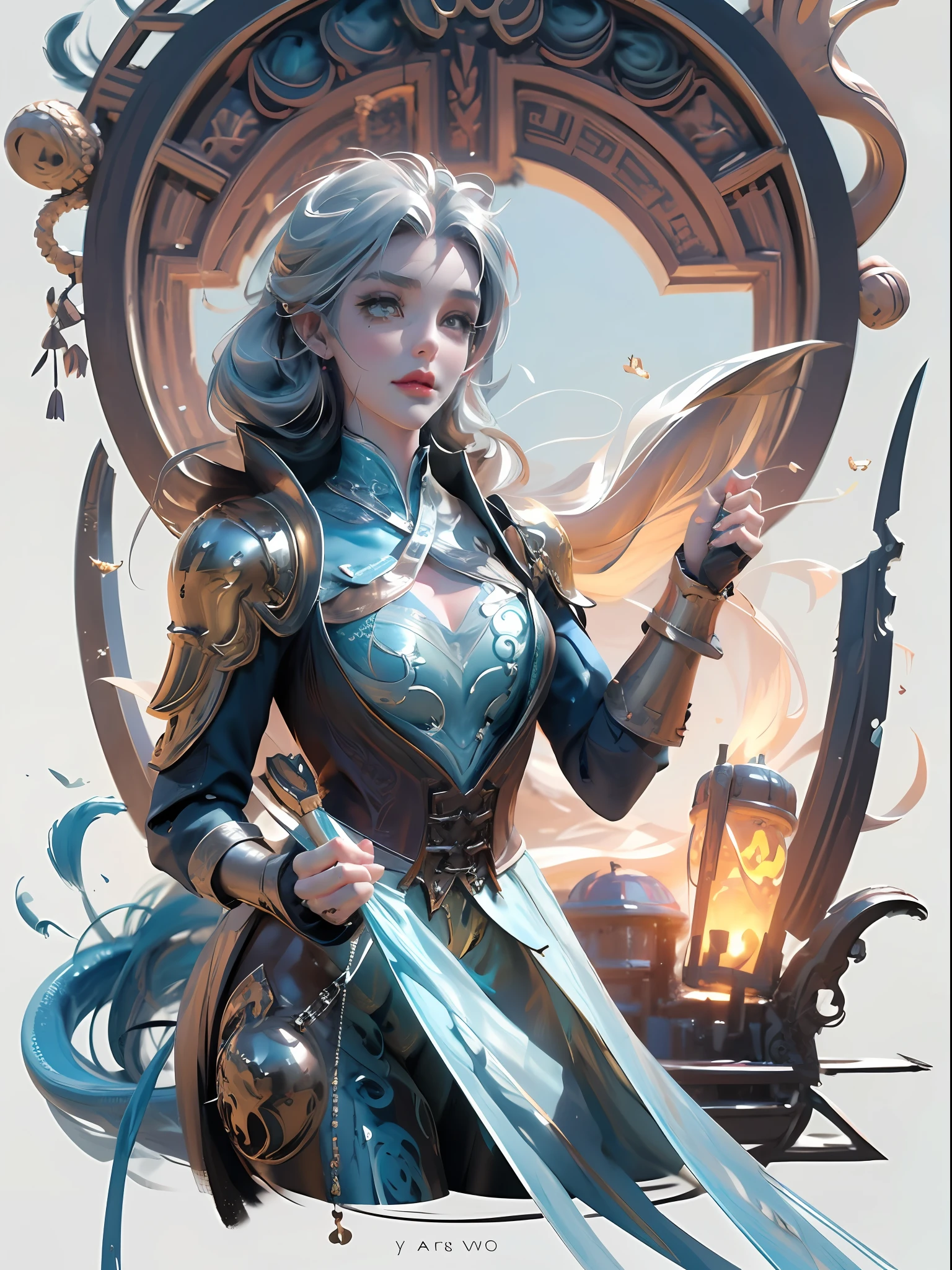 close-up of Britney Spears in a silver and blue dress, chengwei pan on artstation, by Yang J, detailed fantasy art, stunning character art, fanart best artstation, epic and exquisite character art, beautiful armor, extremely detailed art, detailed digital anime art, artgerm on artstation pixiv, girl in armor