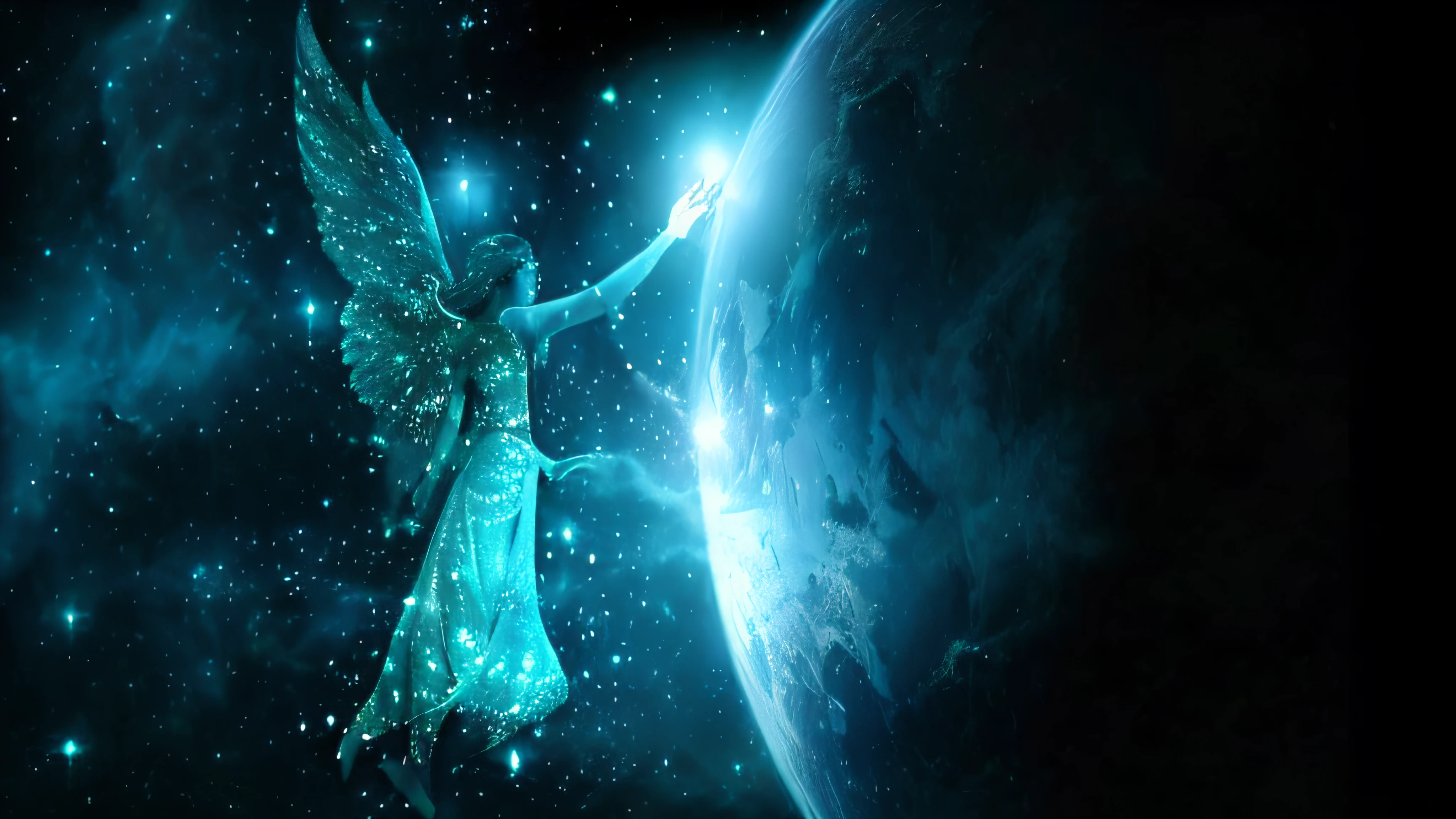 a close up of a statue of an angel with a halo, rosto e corpo perfeito, elven angel meditating in space, magical fairy floating in space, ethereal angelic being of light, ser angelical brilhante, no plano astral ) ) ), fada astral, angel spirit guide, angel falling to andromeda, elven spirit meditating in space, Viagem Astral, an amazing photo, Deusa Celestial --auto