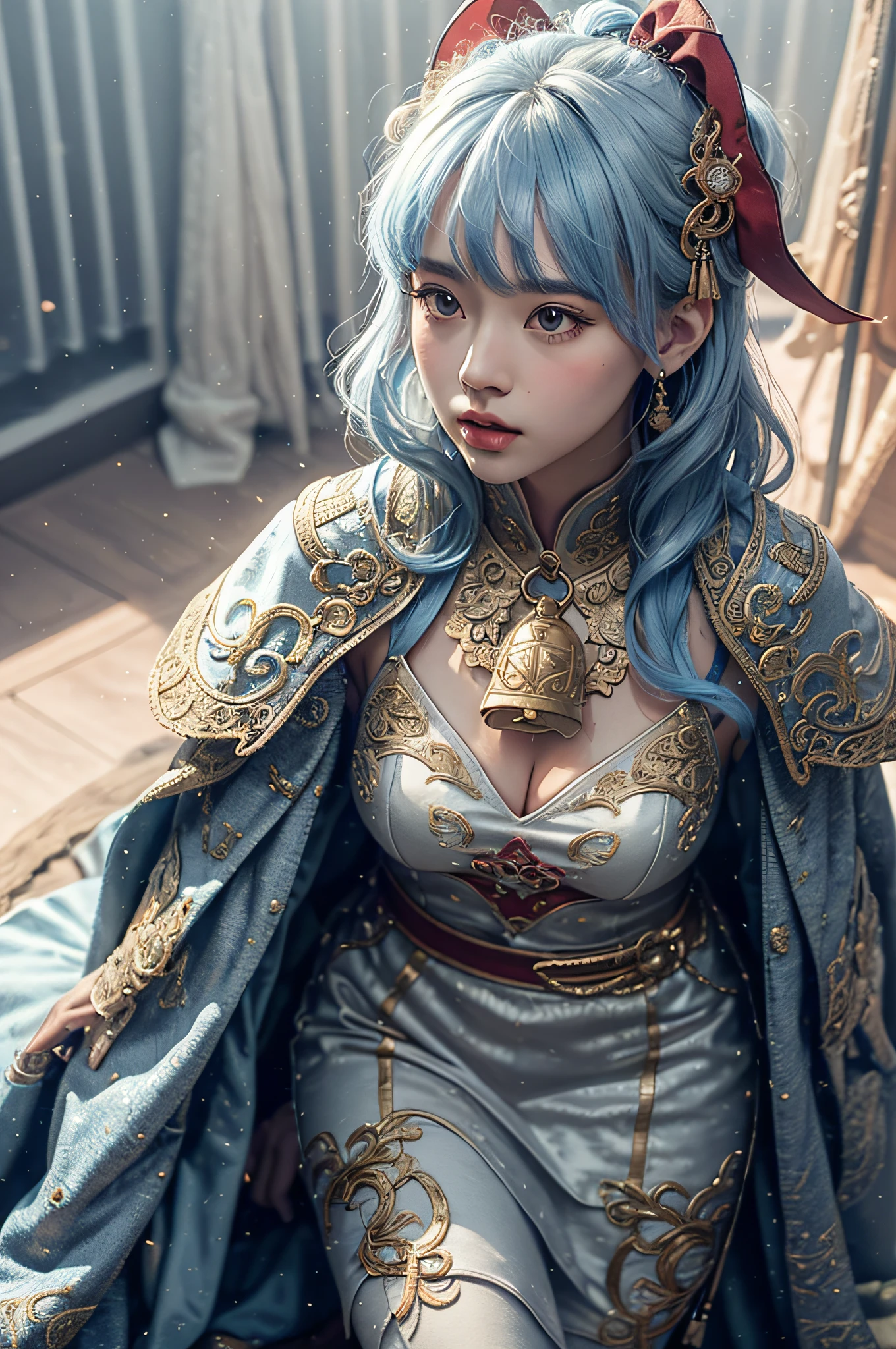 ((Jeizuo))),(((best qality))),((super-detailed)),(a hyper realistic),(Highly detailed CG illustration),Movie light,lifelike,(ganyu),Very beautiful young lady,whirlwind,A bell hangs on his chest,(Beautiful face and lips),Light makeup,Intricate details EBA,lightblue hair,Blue cloak,Popular on artstation,big thighs