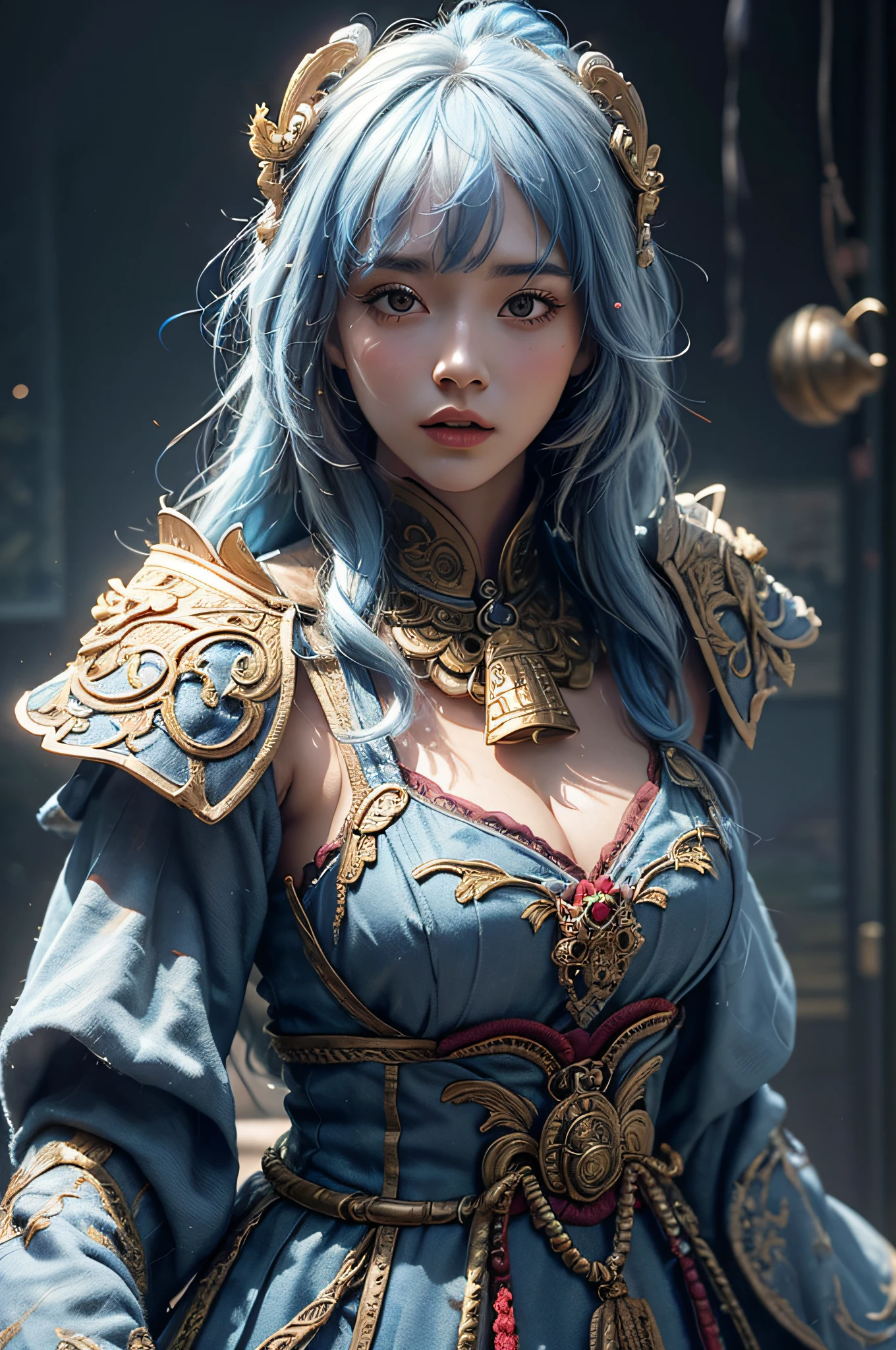 （（Jeizuo））），（（（best qality））），（（super-detailed）），（a hyper realistic），（Highly detailed CG illustration），Movie light，lifelike，（ganyu），Very beautiful young lady，whirlwind，A bell hangs on his chest，（Beautiful face and lips），Light makeup，Intricate details EBA，lightblue hair，Blue cloak，Popular on artstation，big thighs