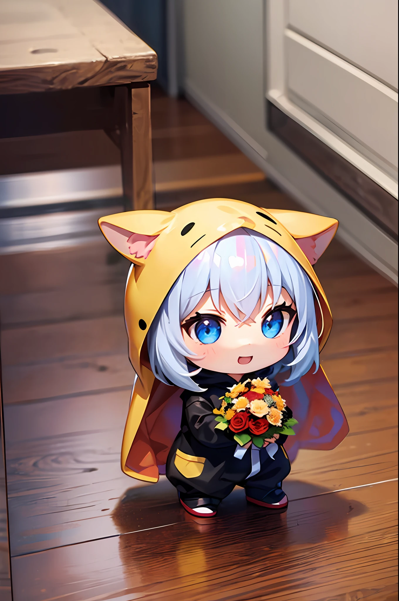 (Chibi: 1.3), happy, (holding a bouquet), full body, (Kigurumi), indoors, on the table, (Nendoroid:1.1),
