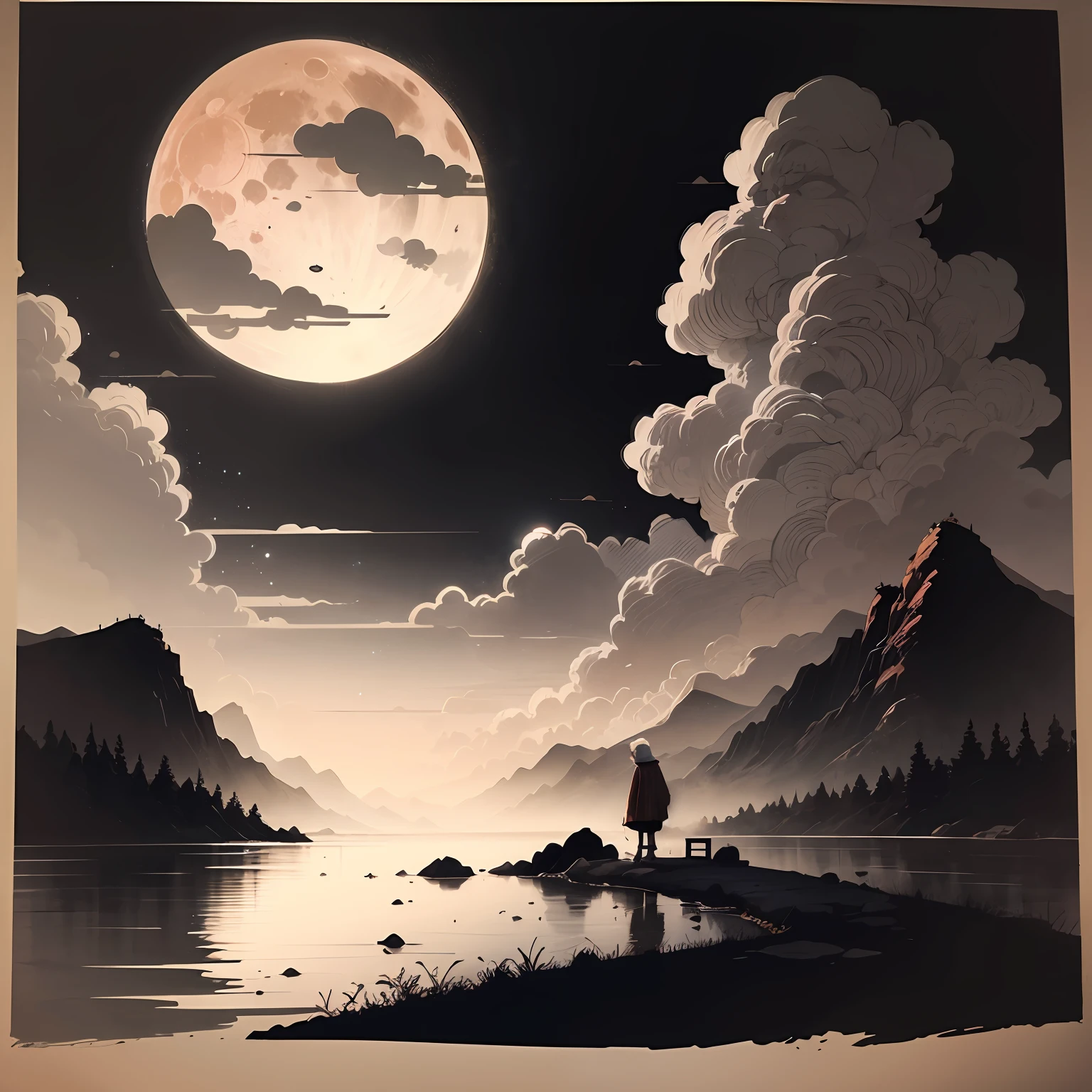 Old woman looking at the moon