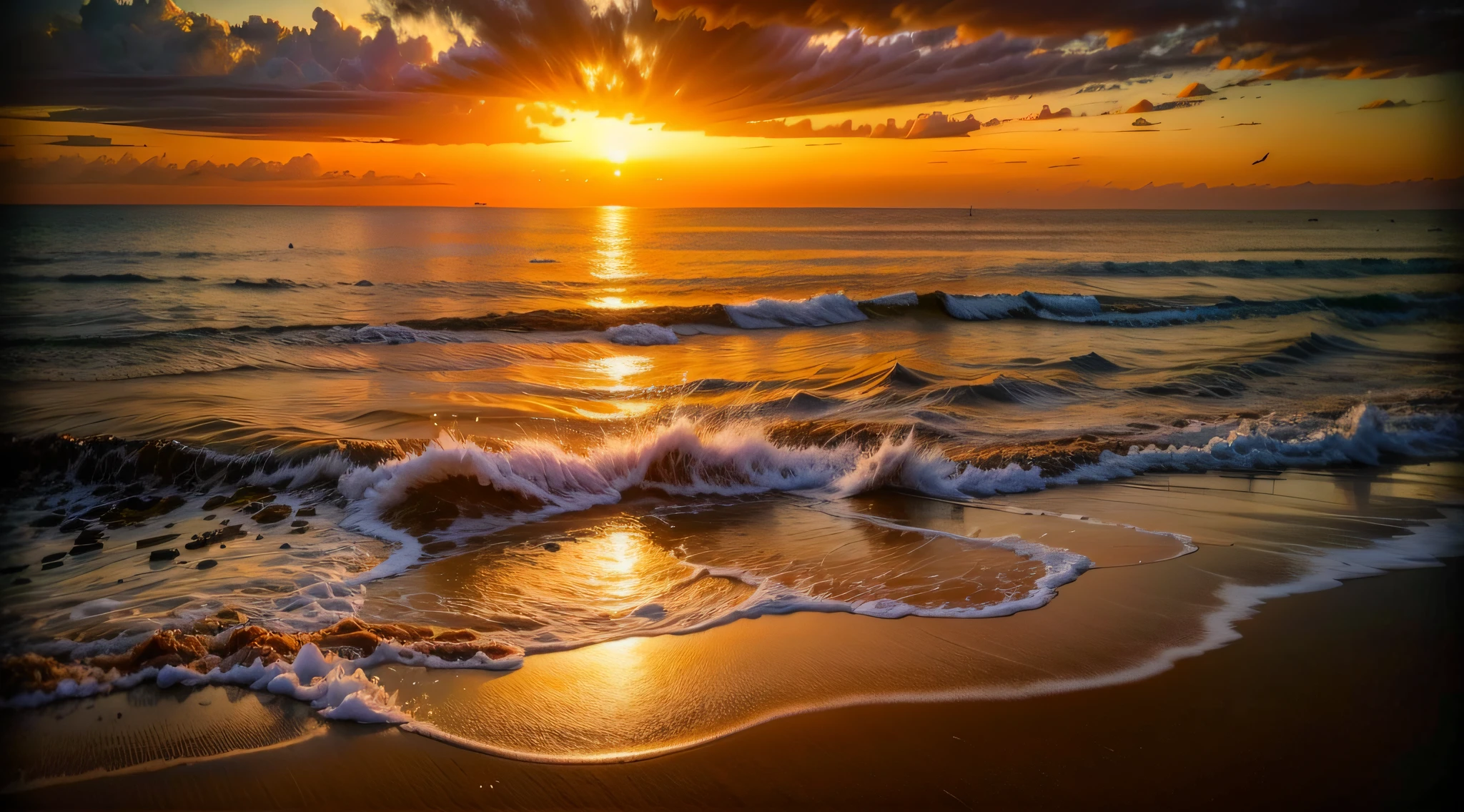 An absolutely mesmerizing sunset over the beach, com uma mistura de laranjas, Roses and yellows filling the sky. The crystal clear waters of the sea gently kiss the coast, com uma praia de areia branca que se estende por toda parte. The scene is dynamic and breathtaking, green palm trees swaying gently. Soak up the soothing atmosphere and let the tranquility take over you.