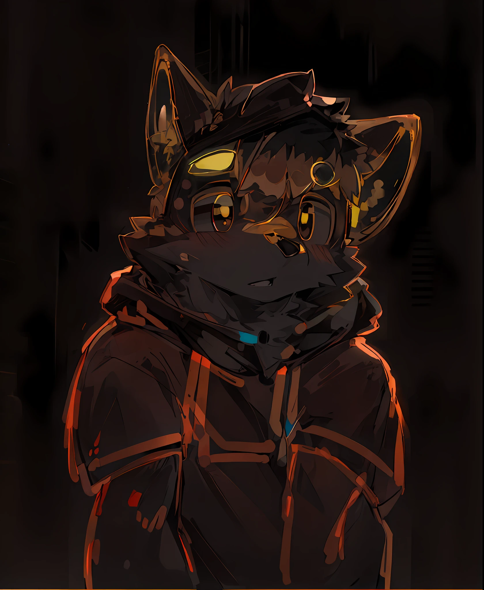 single, looking spectator, shirt, 1boy, jacket, male focus, hood, black shirt, hoodie, chubby belly, pectoral muscles, chubby male, hooded jacket, night city, neon, furry, yellow fur, black eyes, 8K, high quality